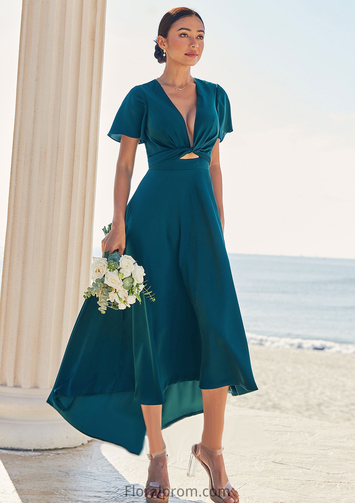 A-line V Neck Short Sleeve Asymmetrical Stretch Satin Bridesmaid Dresses with Bowknot Sashes Sonia HJP0025272