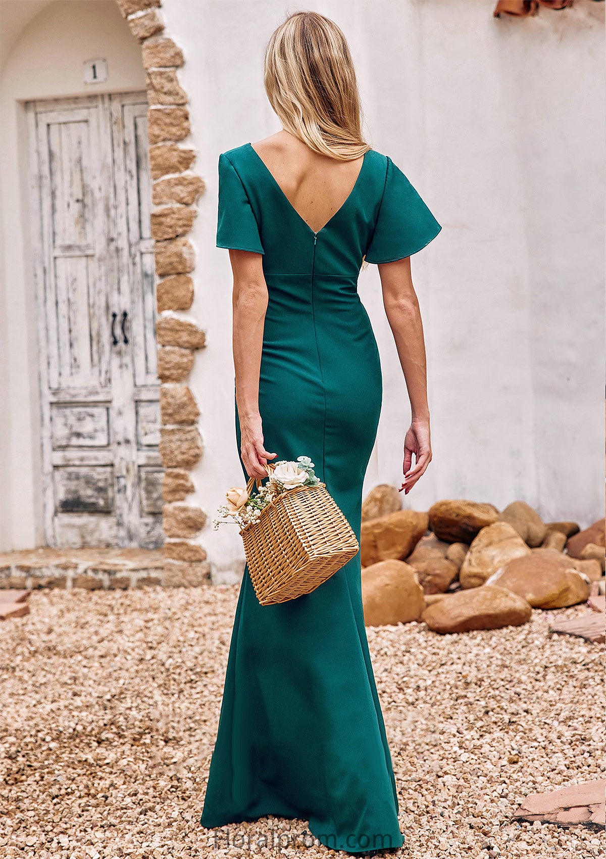 Trumpet/Mermaid V Neck Short Sleeve Stretch Crepe Floor-Length Bridesmaid Dresses with Split Skye HJP0025273