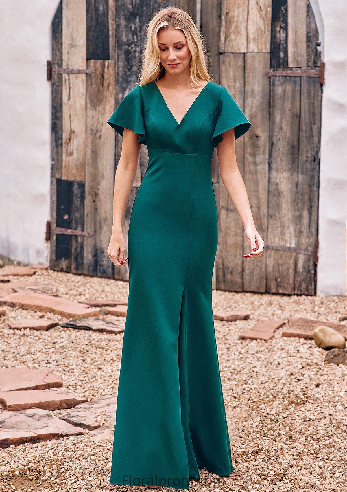 Trumpet/Mermaid V Neck Short Sleeve Stretch Crepe Floor-Length Bridesmaid Dresses with Split Skye HJP0025273