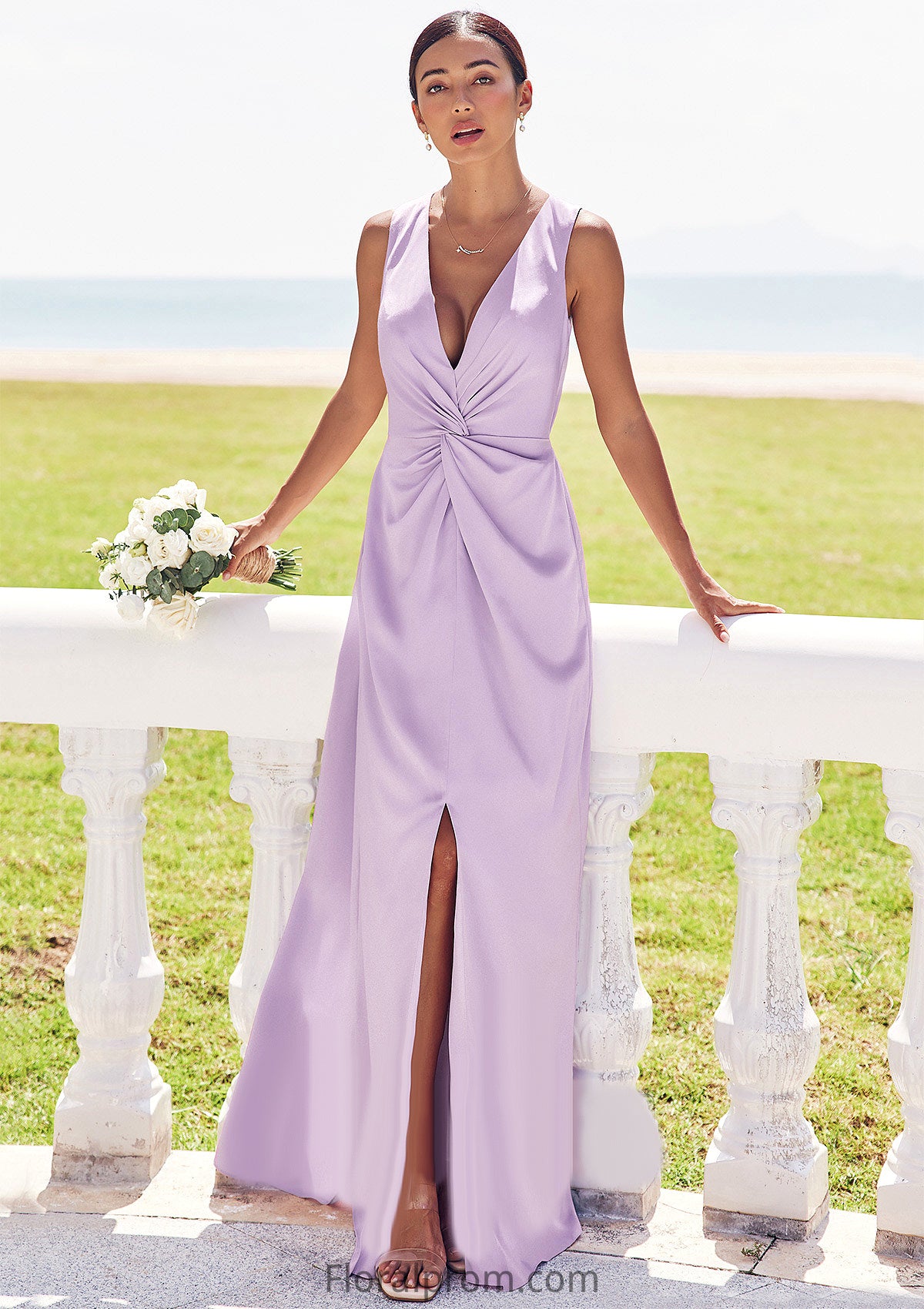 A-line V Neck Sleeveless Floor-Length Stretch Satin Bridesmaid Dresses with Pleated Split Pancy HJP0025276