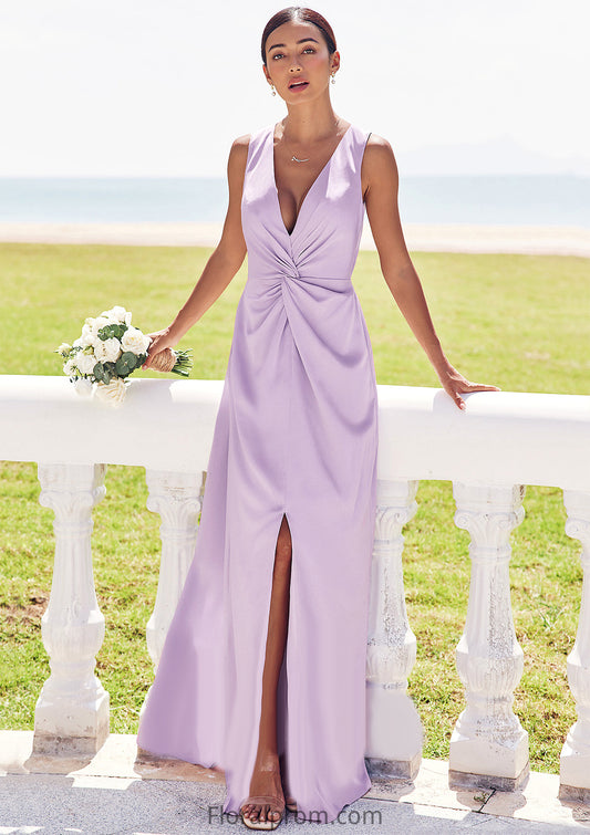 A-line V Neck Sleeveless Floor-Length Stretch Satin Bridesmaid Dresses with Pleated Split Pancy HJP0025276