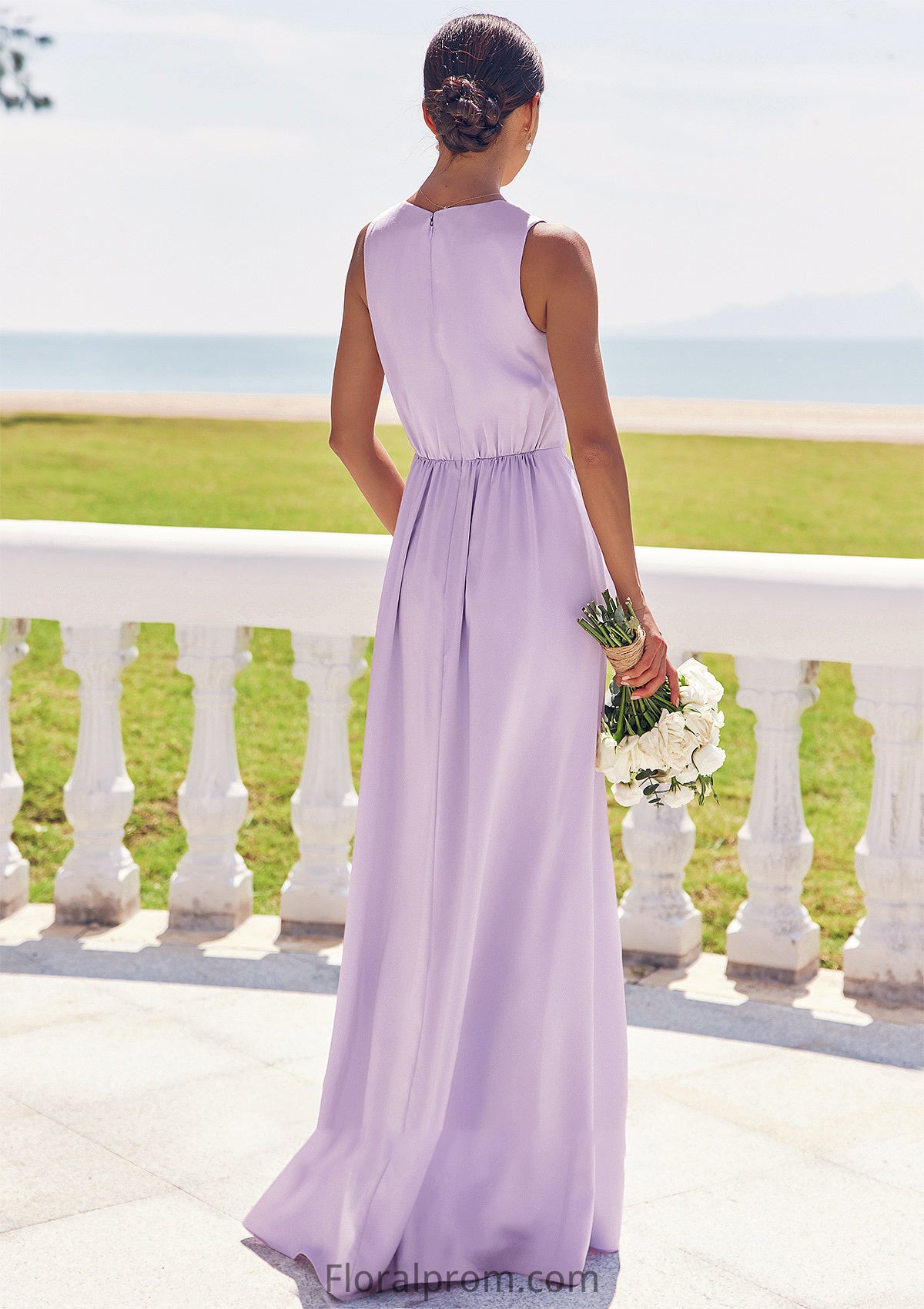 A-line V Neck Sleeveless Floor-Length Stretch Satin Bridesmaid Dresses with Pleated Split Pancy HJP0025276