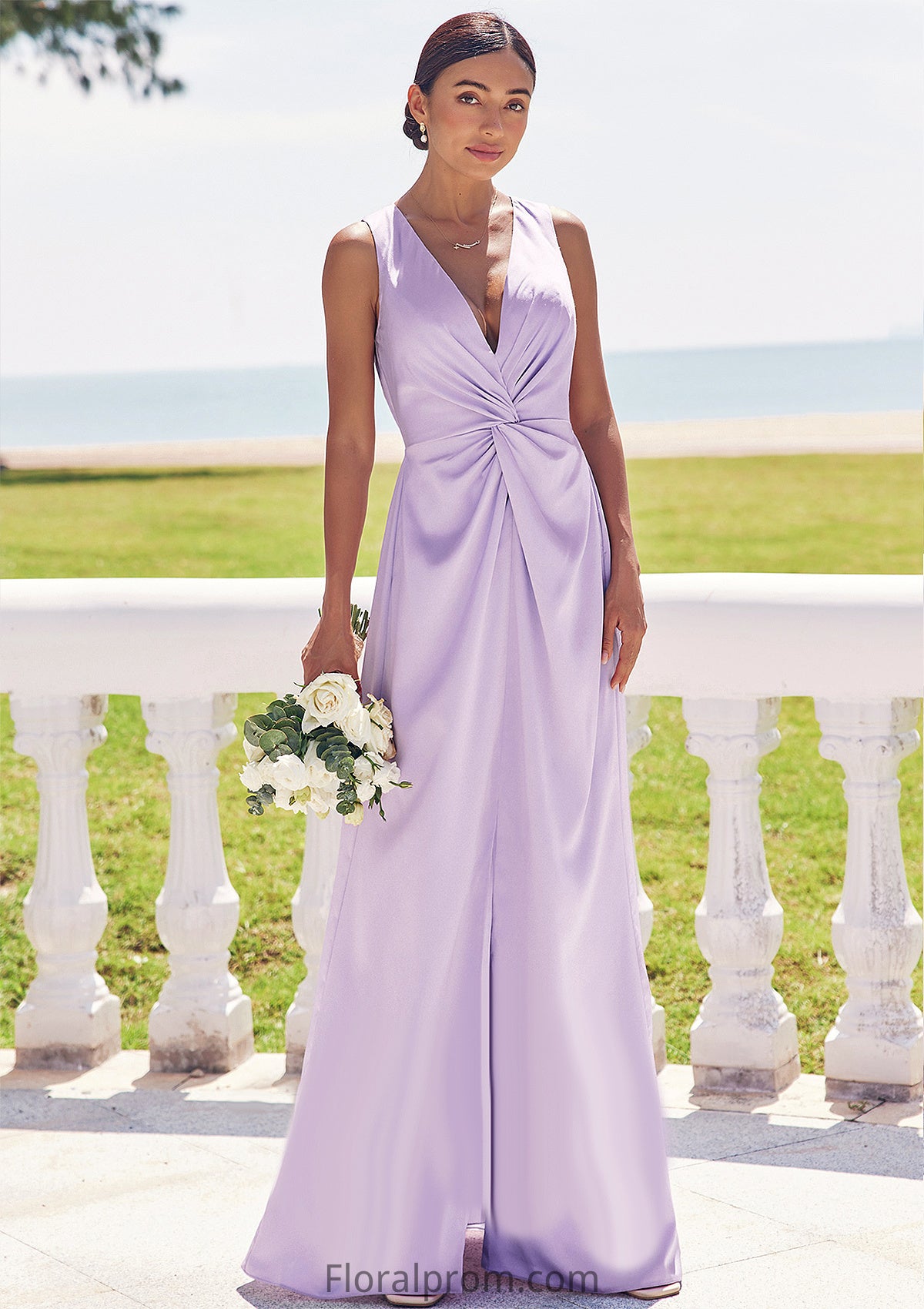 A-line V Neck Sleeveless Floor-Length Stretch Satin Bridesmaid Dresses with Pleated Split Pancy HJP0025276