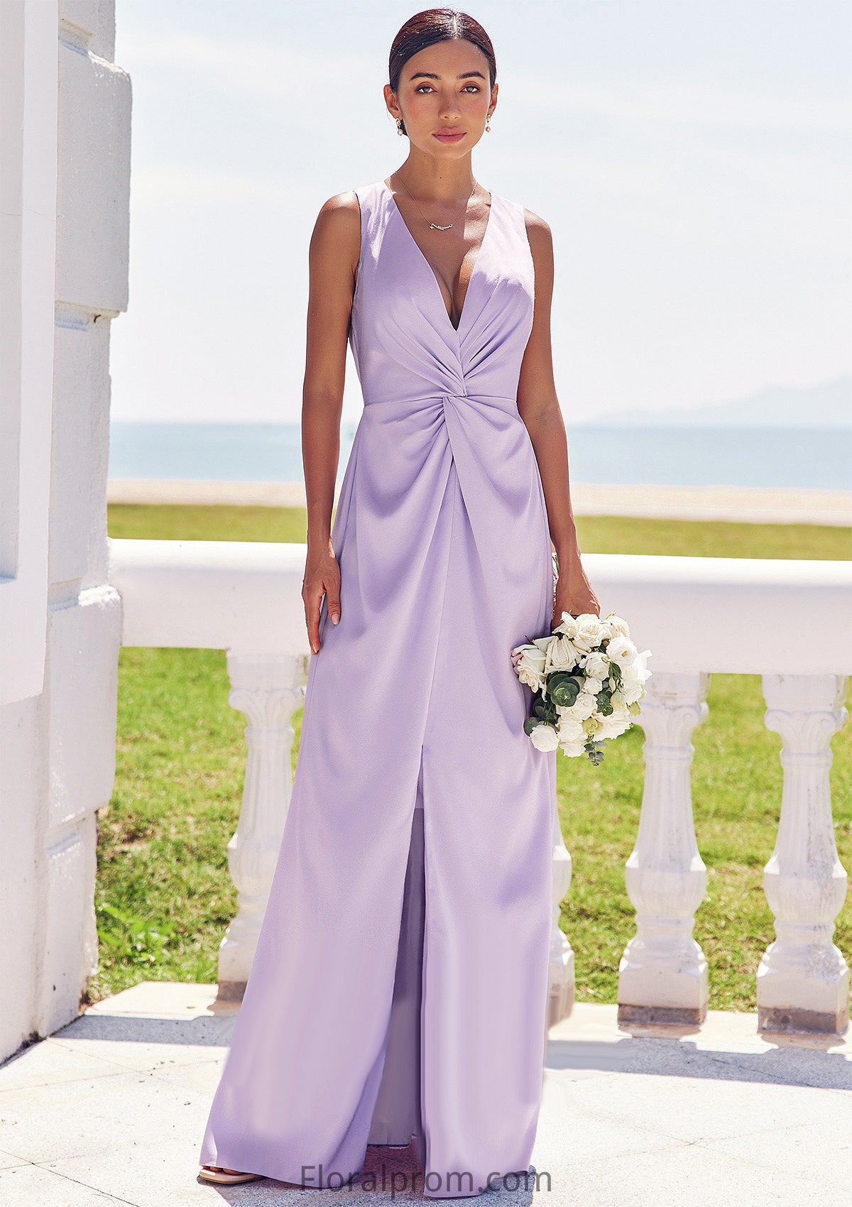 A-line V Neck Sleeveless Floor-Length Stretch Satin Bridesmaid Dresses with Pleated Split Pancy HJP0025276