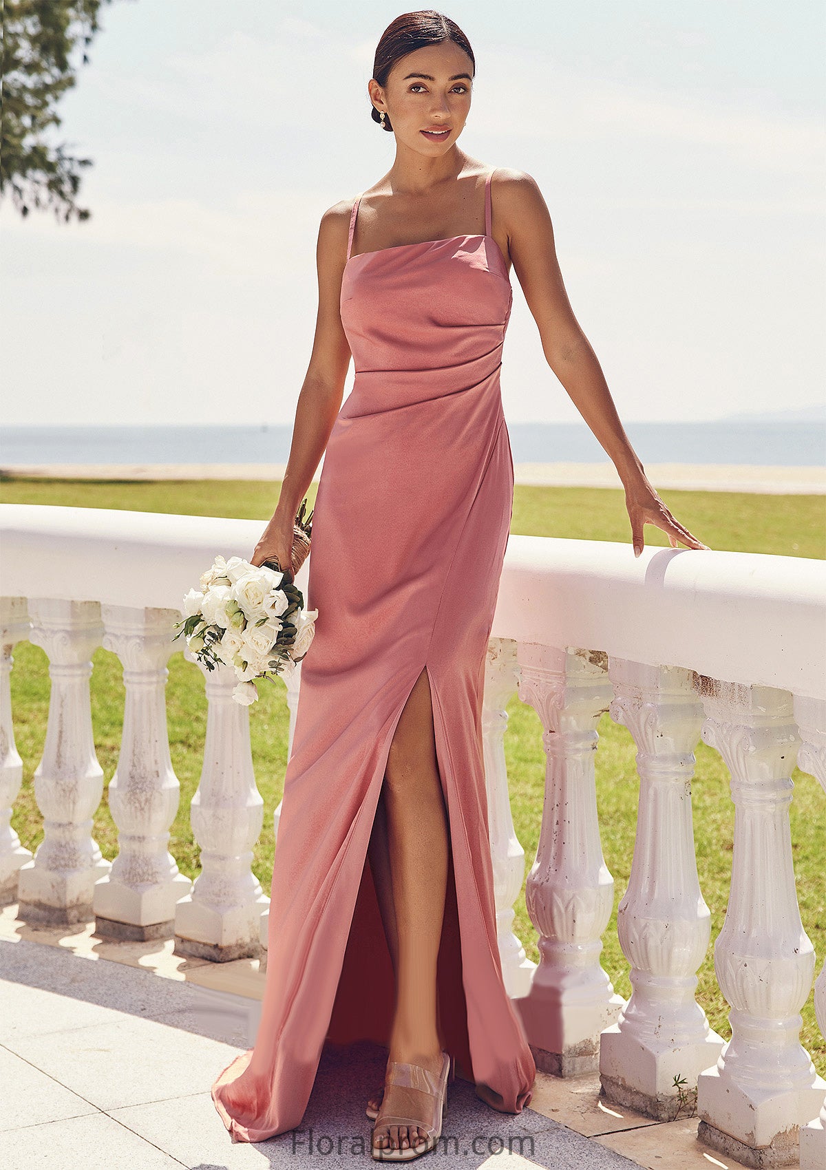 Sheath/Column Square Neckline Sleeveless Floor-Length Stretch Satin Bridesmaid Dresses with Pleated Split Jaylynn HJP0025277