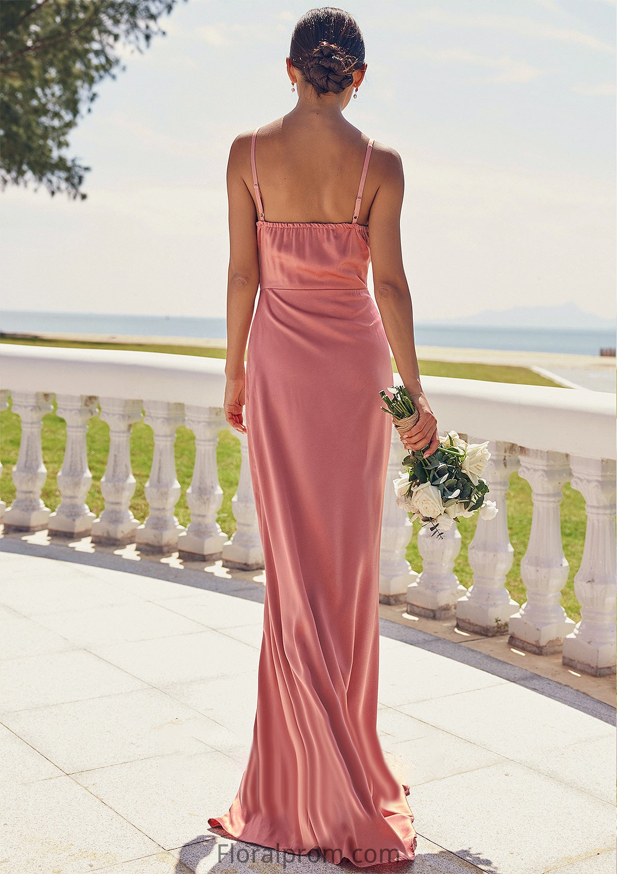 Sheath/Column Square Neckline Sleeveless Floor-Length Stretch Satin Bridesmaid Dresses with Pleated Split Jaylynn HJP0025277