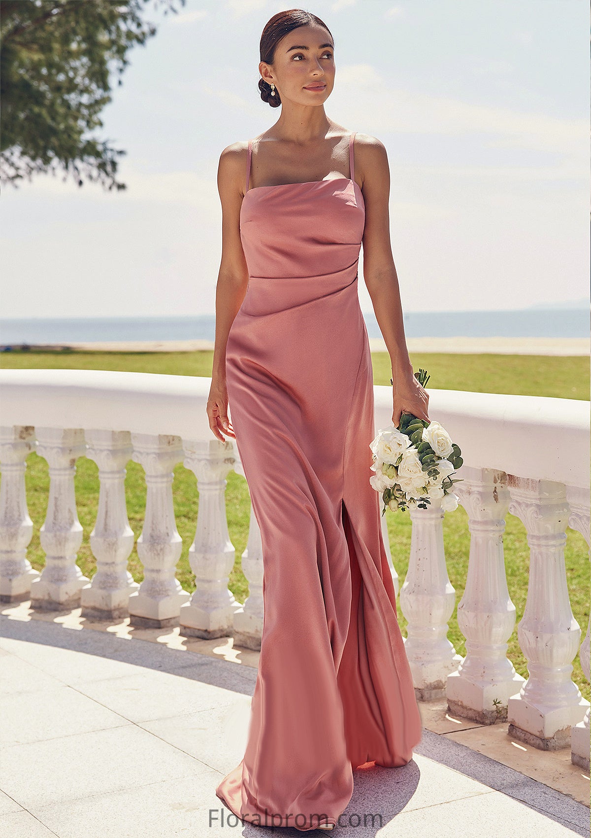 Sheath/Column Square Neckline Sleeveless Floor-Length Stretch Satin Bridesmaid Dresses with Pleated Split Jaylynn HJP0025277