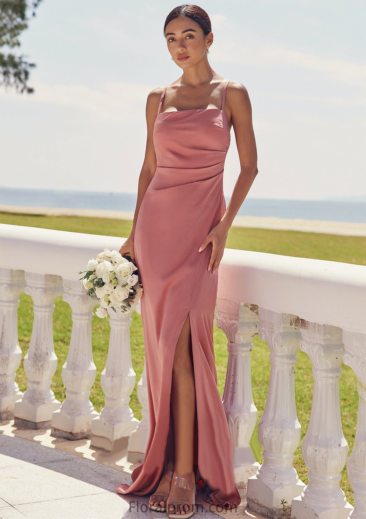 Sheath/Column Square Neckline Sleeveless Floor-Length Stretch Satin Bridesmaid Dresses with Pleated Split Jaylynn HJP0025277