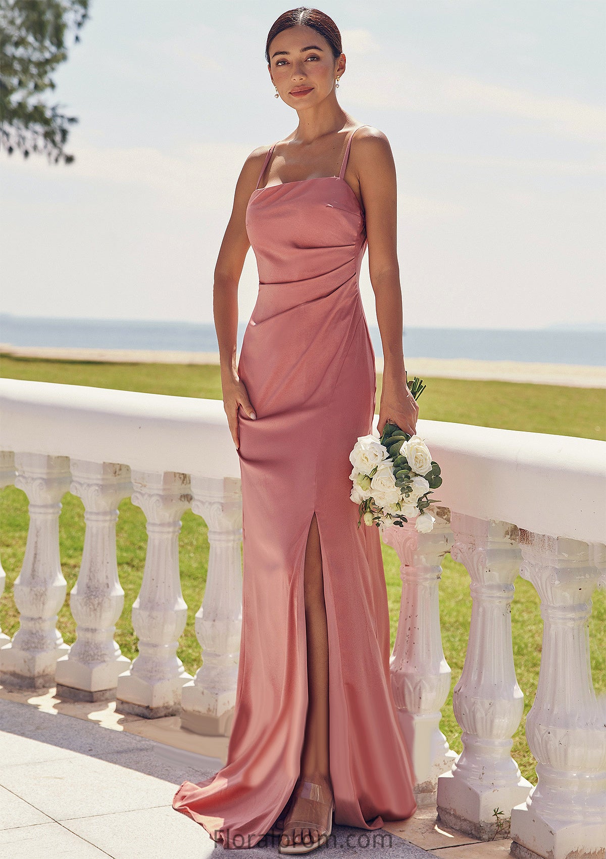 Sheath/Column Square Neckline Sleeveless Floor-Length Stretch Satin Bridesmaid Dresses with Pleated Split Jaylynn HJP0025277