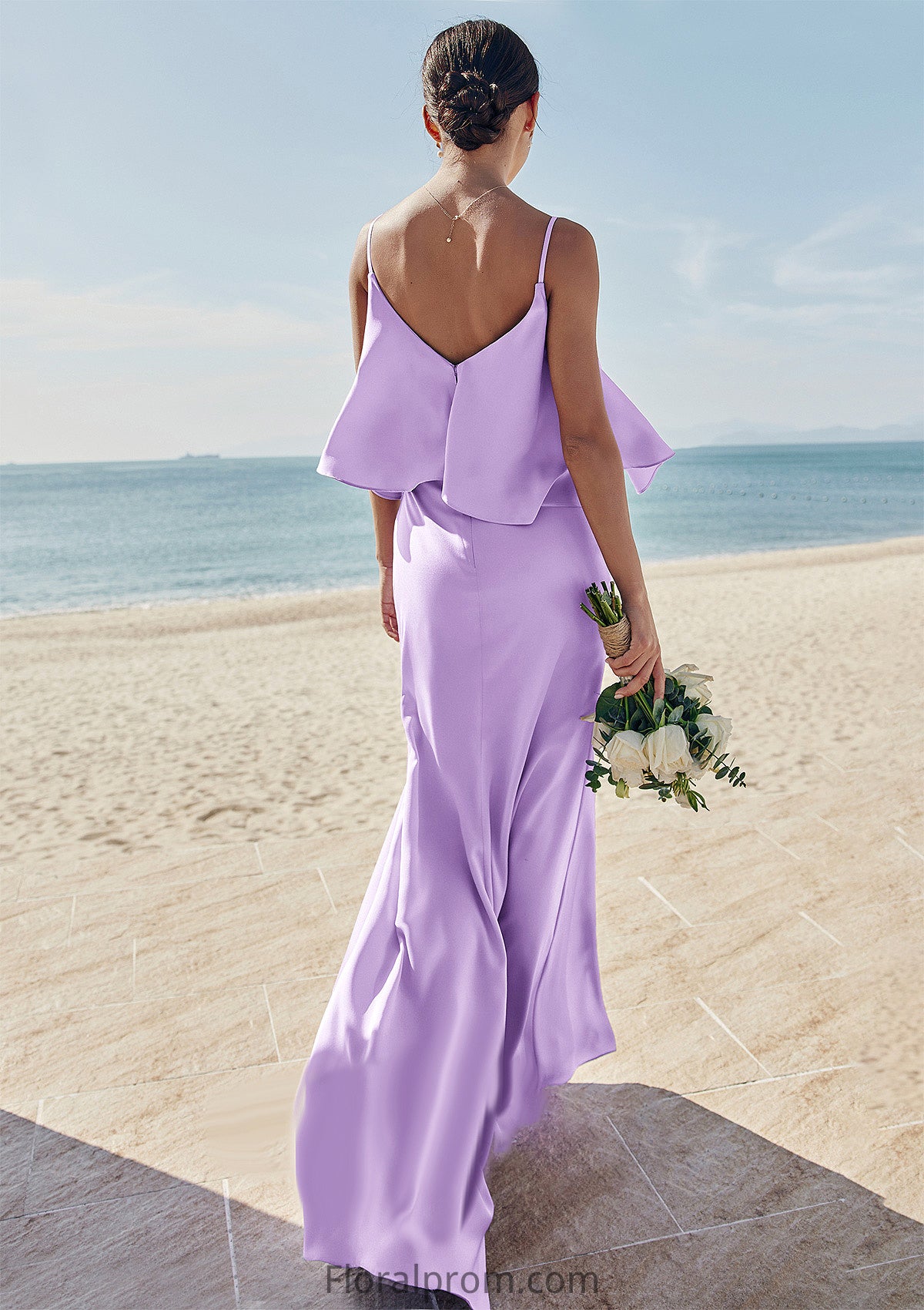 Sheath/Column V Neck Sleeveless Floor-Length Stretch Satin Bridesmaid Dresses with Ruffles Cali HJP0025278