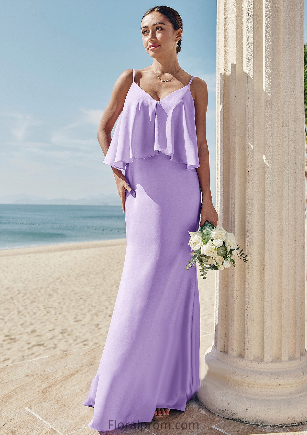 Sheath/Column V Neck Sleeveless Floor-Length Stretch Satin Bridesmaid Dresses with Ruffles Cali HJP0025278