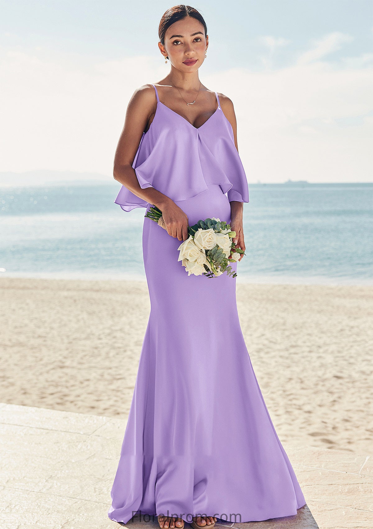 Sheath/Column V Neck Sleeveless Floor-Length Stretch Satin Bridesmaid Dresses with Ruffles Cali HJP0025278