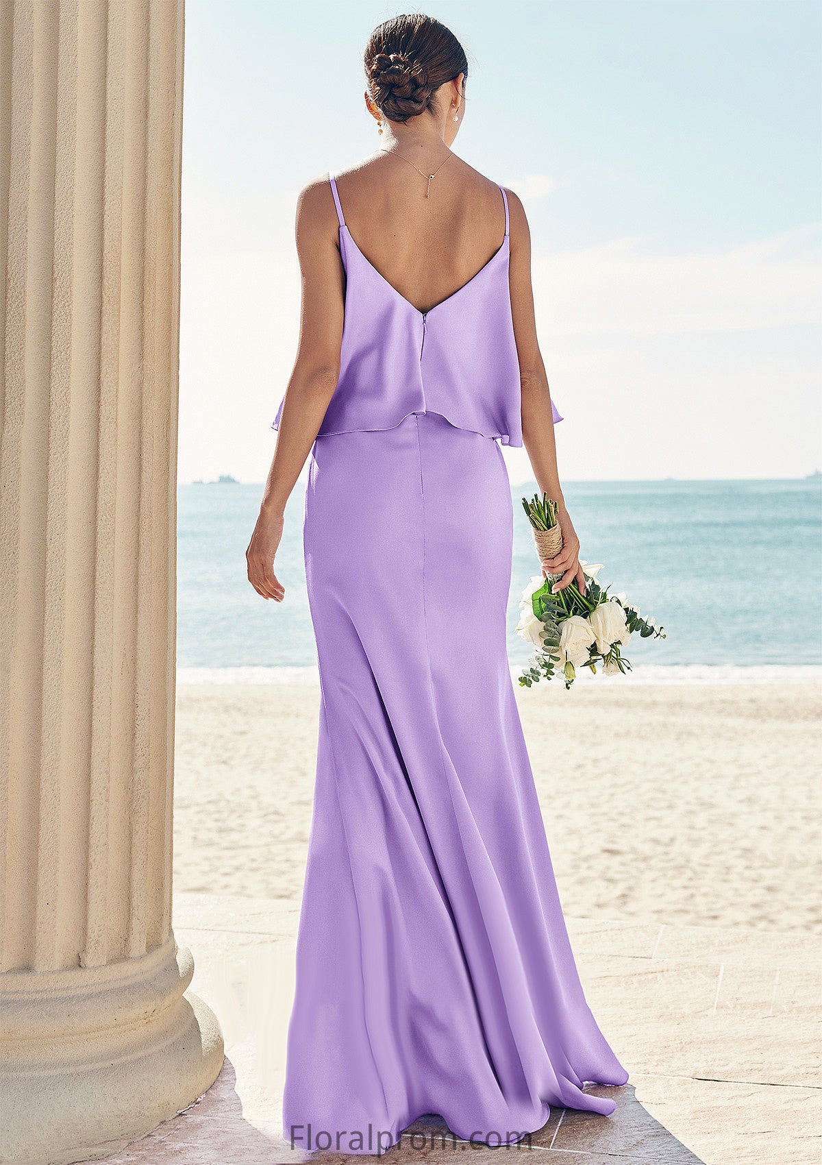 Sheath/Column V Neck Sleeveless Floor-Length Stretch Satin Bridesmaid Dresses with Ruffles Cali HJP0025278