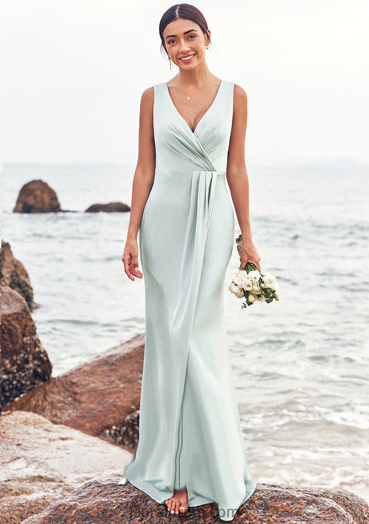 Sheath/Column V Neck Sleeveless Floor-Length Stretch Satin Bridesmaid Dresses with Pleated Split Kaylyn HJP0025279