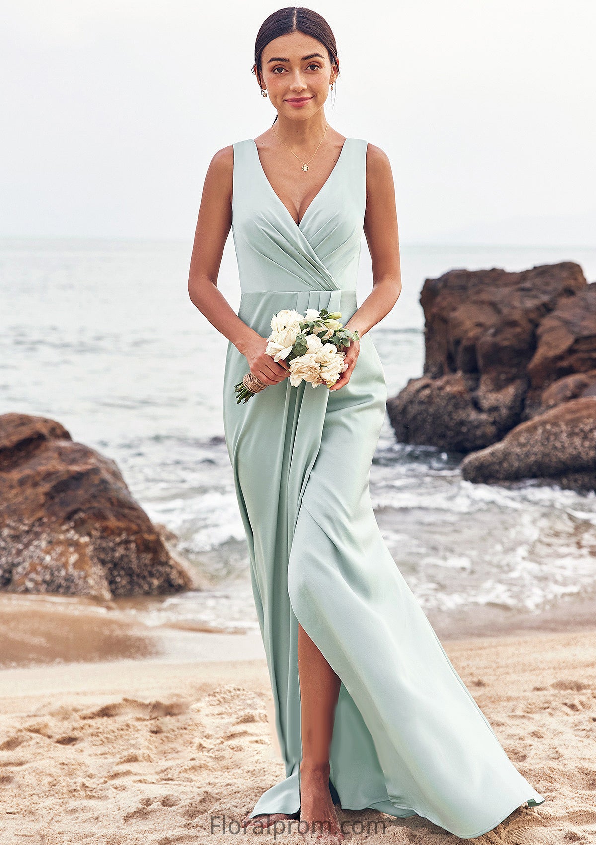 Sheath/Column V Neck Sleeveless Floor-Length Stretch Satin Bridesmaid Dresses with Pleated Split Kaylyn HJP0025279