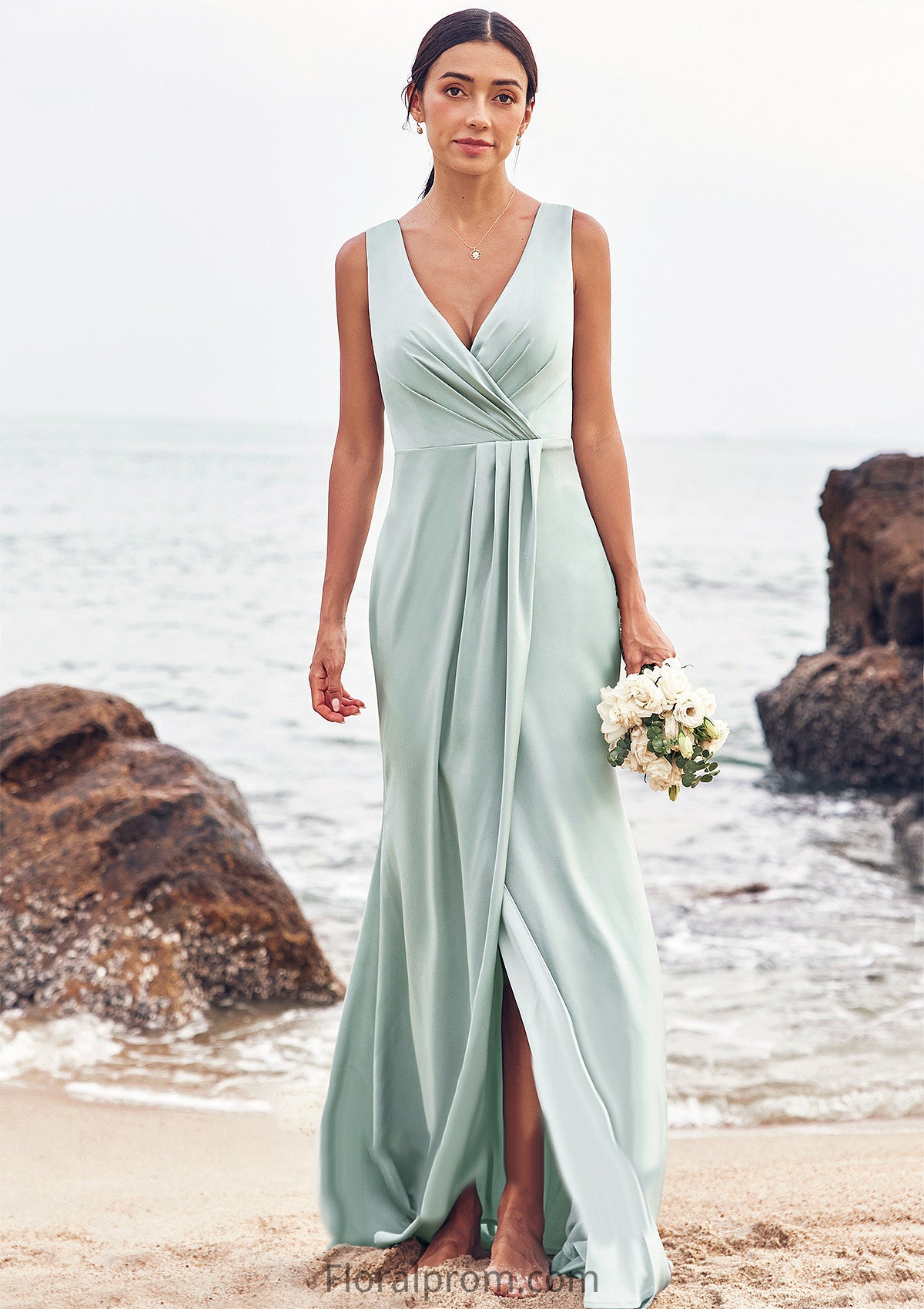 Sheath/Column V Neck Sleeveless Floor-Length Stretch Satin Bridesmaid Dresses with Pleated Split Kaylyn HJP0025279