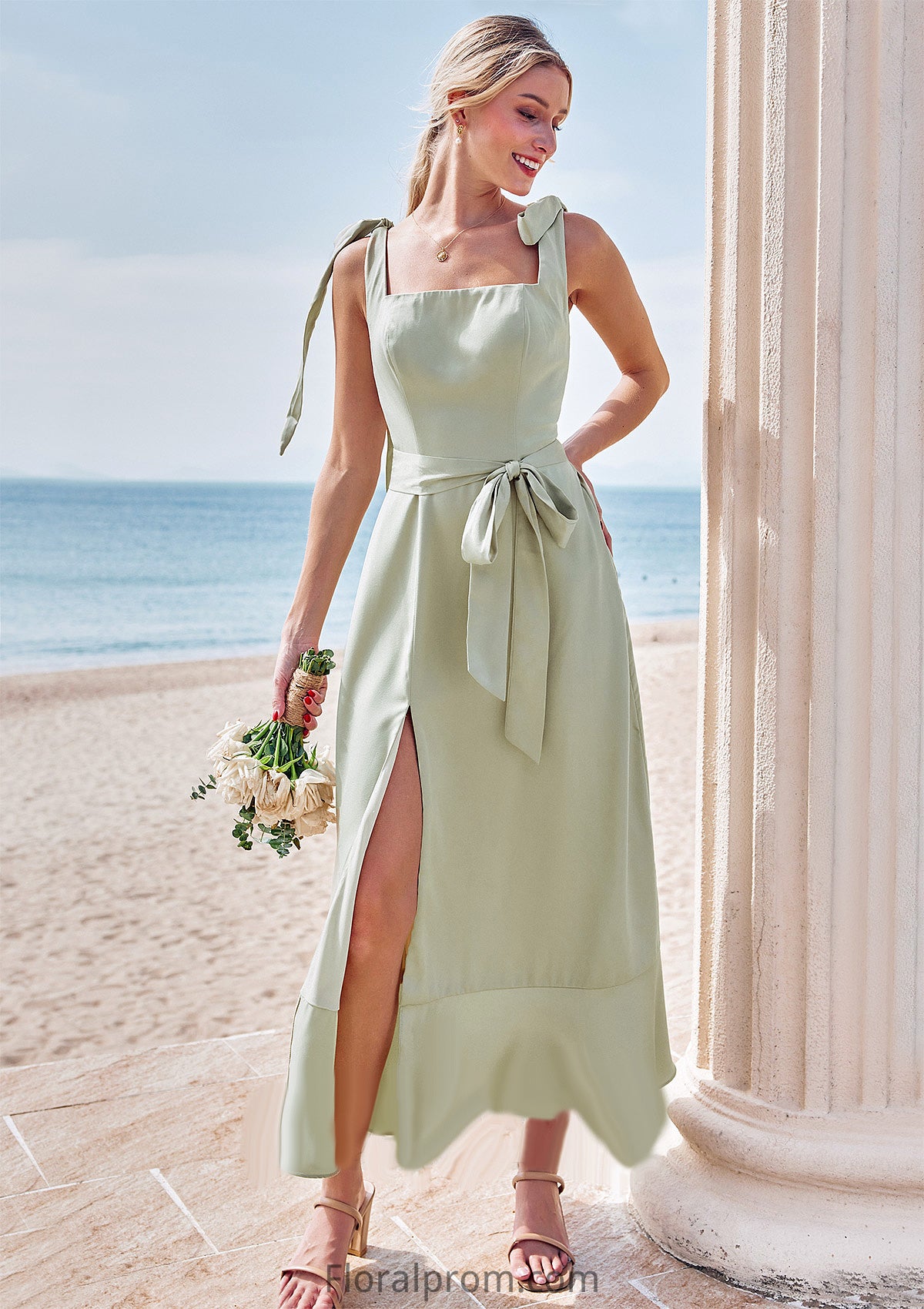 Sheath/Column Square Neckline Sleeveless Tea-Length Stretch Satin Bridesmaid Dresses with Bowknot Ruffles Split Alexa HJP0025280