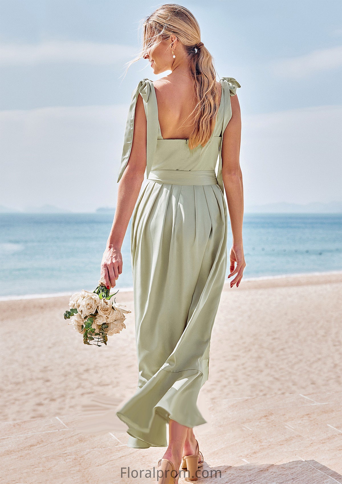 Sheath/Column Square Neckline Sleeveless Tea-Length Stretch Satin Bridesmaid Dresses with Bowknot Ruffles Split Alexa HJP0025280