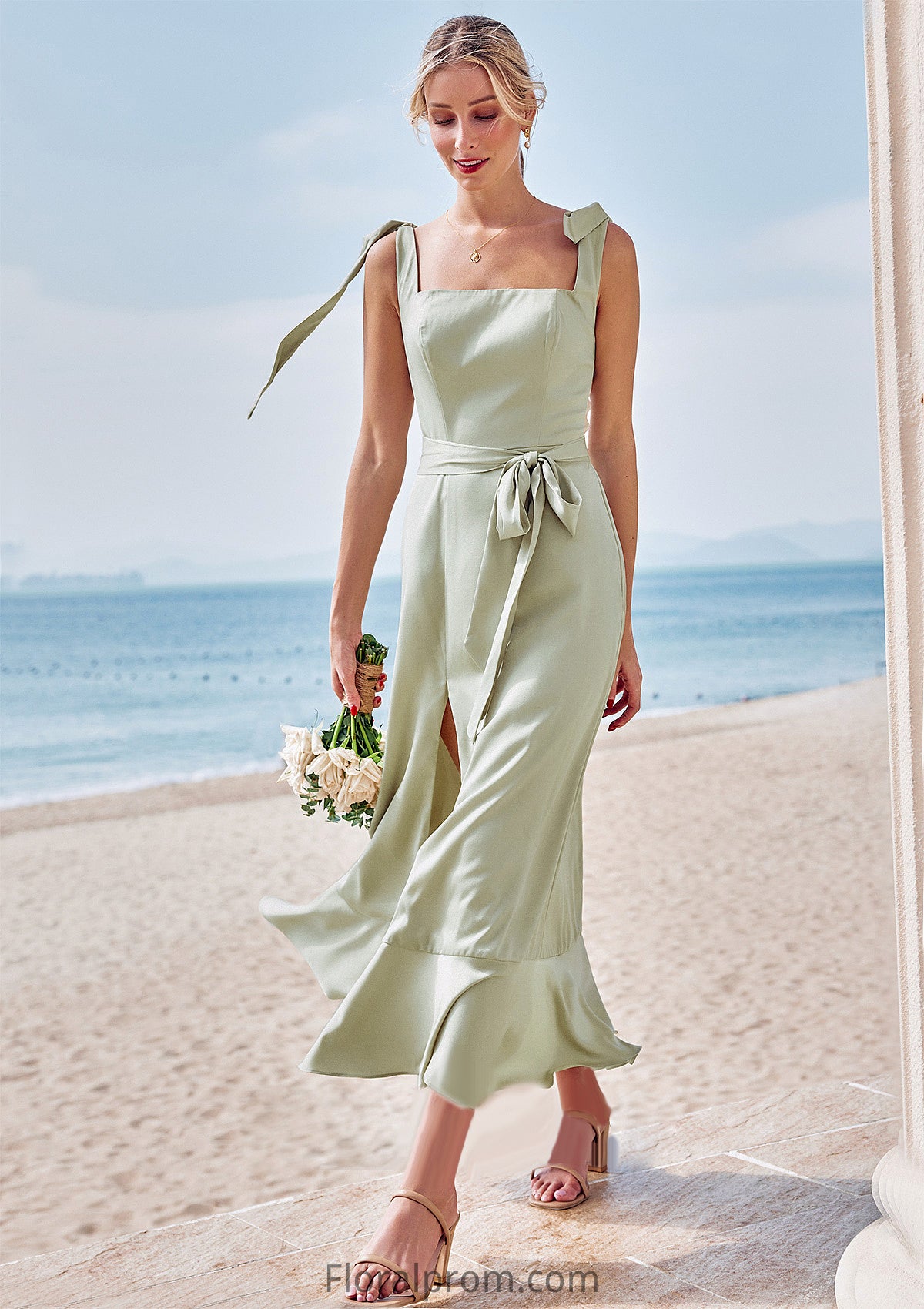 Sheath/Column Square Neckline Sleeveless Tea-Length Stretch Satin Bridesmaid Dresses with Bowknot Ruffles Split Alexa HJP0025280