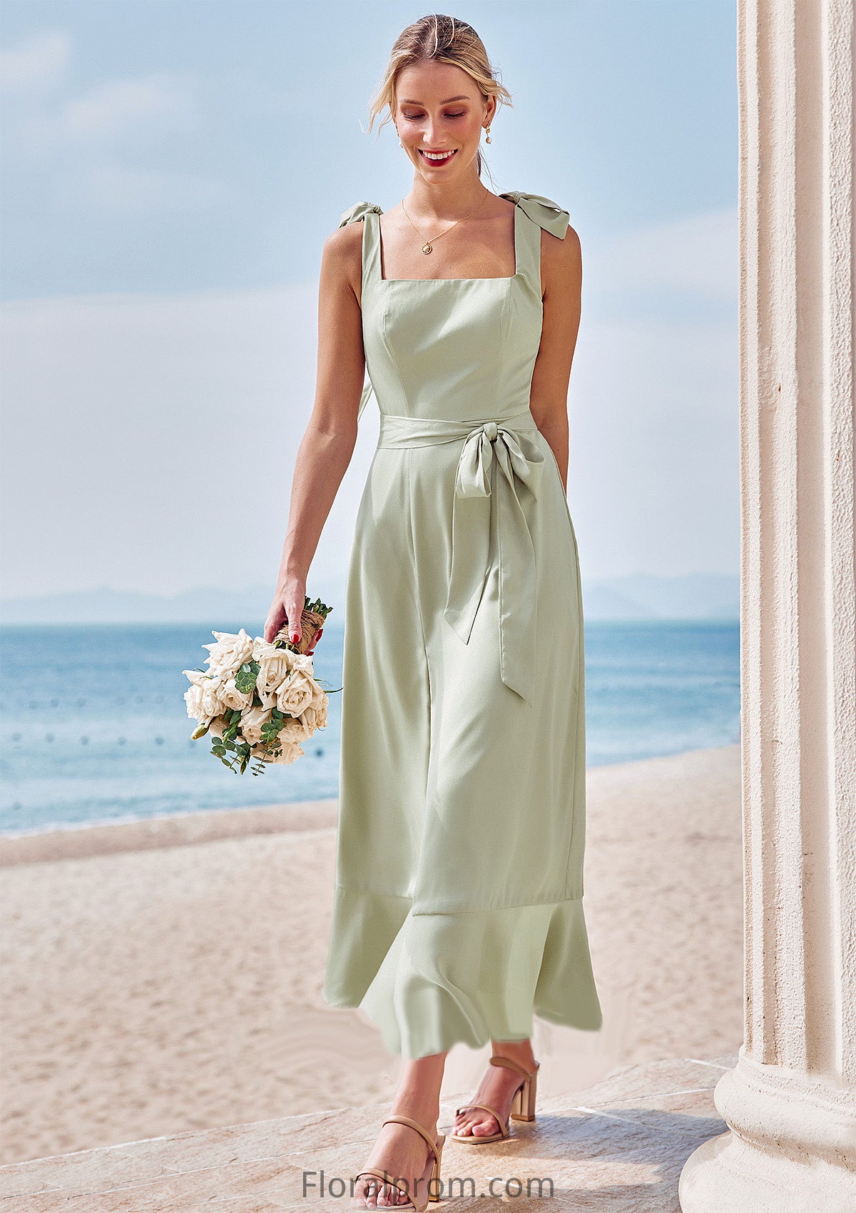 Sheath/Column Square Neckline Sleeveless Tea-Length Stretch Satin Bridesmaid Dresses with Bowknot Ruffles Split Alexa HJP0025280