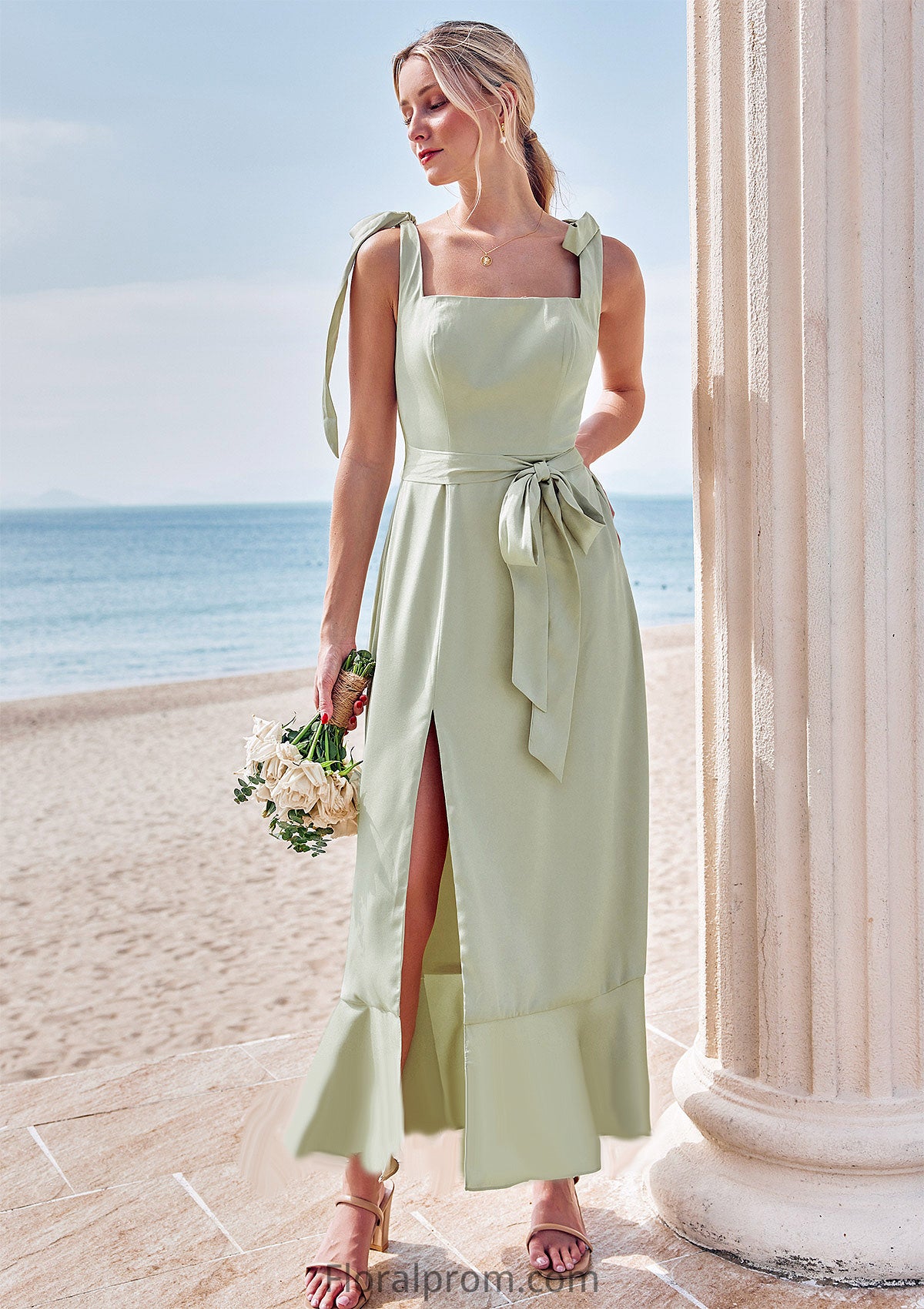 Sheath/Column Square Neckline Sleeveless Tea-Length Stretch Satin Bridesmaid Dresses with Bowknot Ruffles Split Alexa HJP0025280