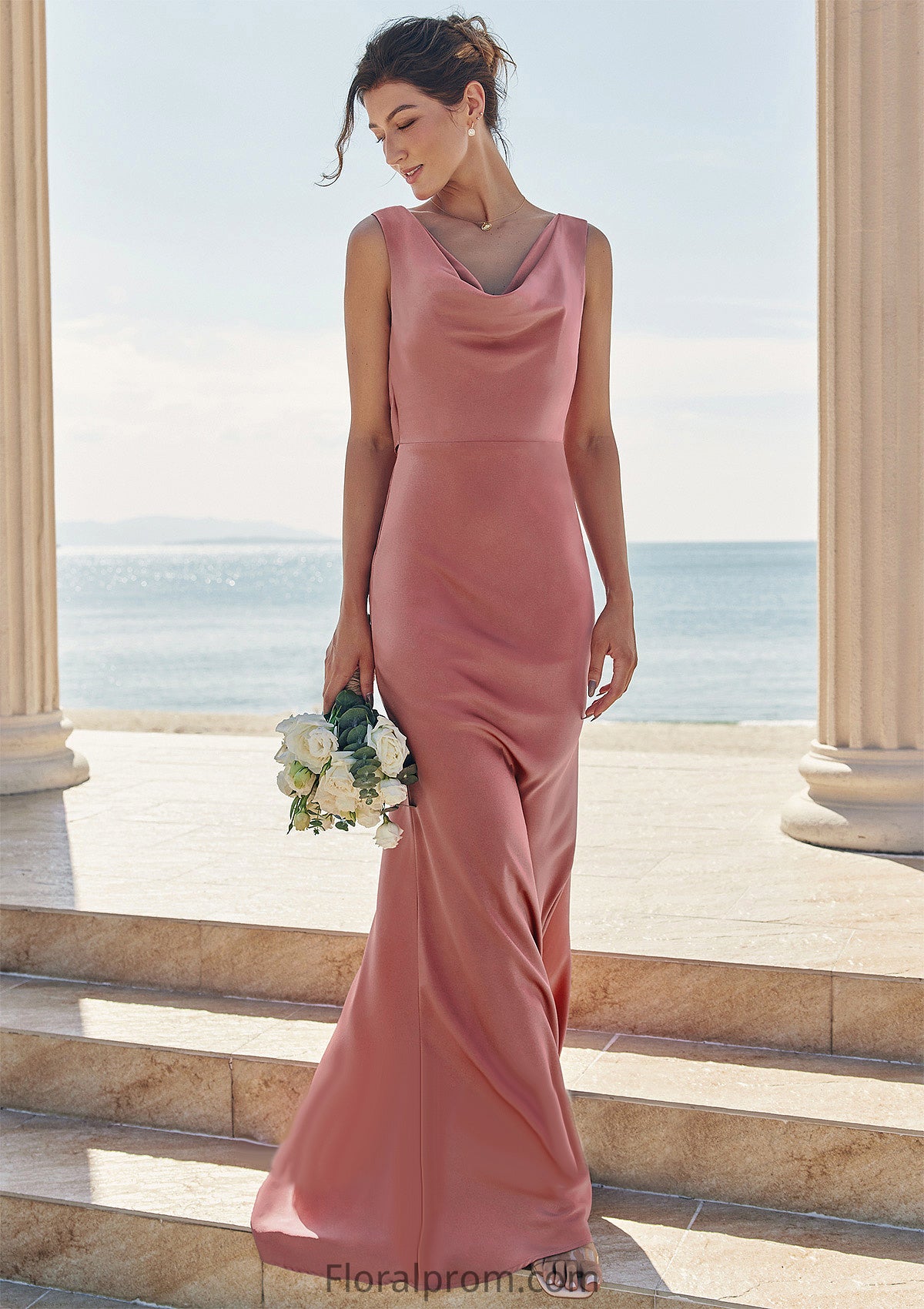 Trumpet/Mermaid Cowl Neck Sleeveless Floor-Length Stretch Satin Bridesmaid Dresses with Sashes Kaley HJP0025281