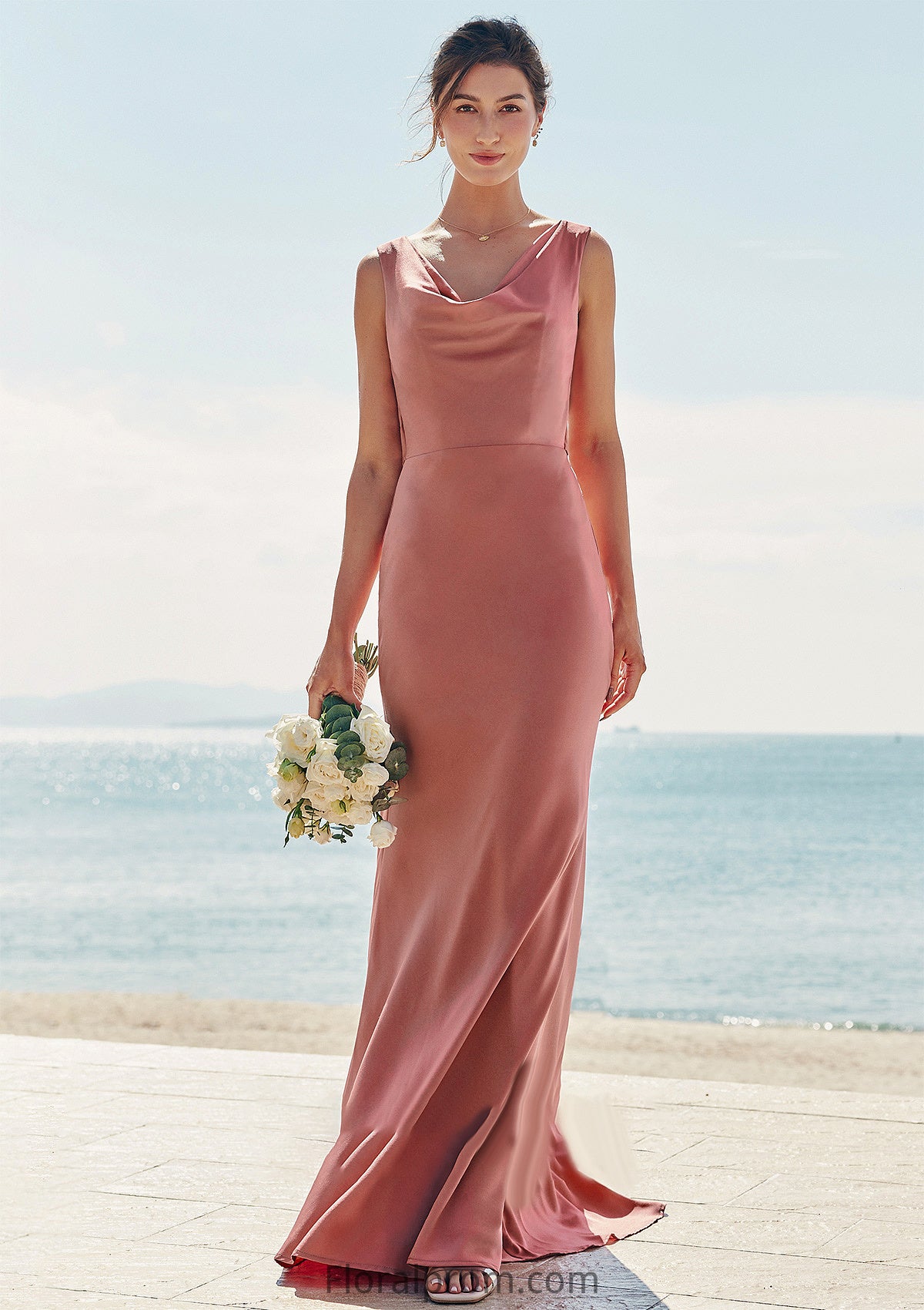 Trumpet/Mermaid Cowl Neck Sleeveless Floor-Length Stretch Satin Bridesmaid Dresses with Sashes Kaley HJP0025281