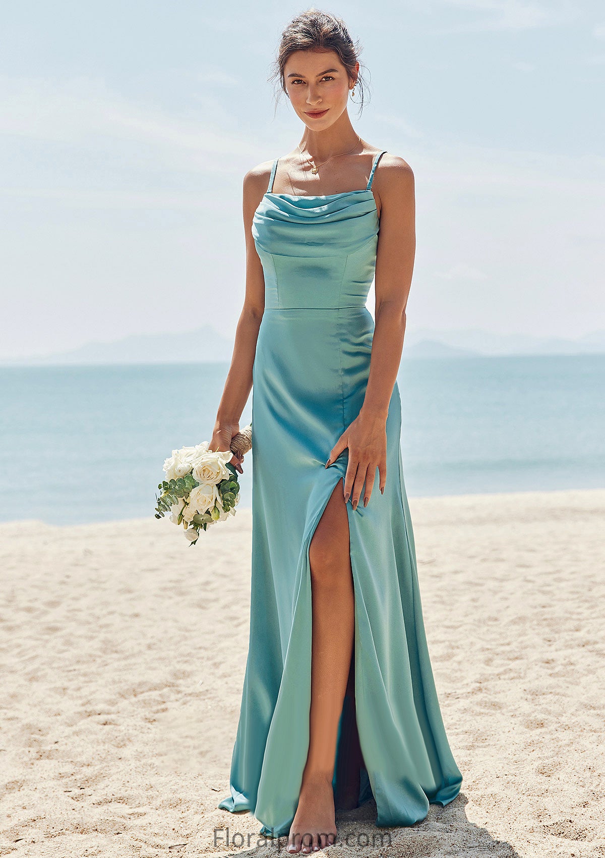 Sheath/Column Square Neckline Sleeveless Floor-Length Stretch Satin Bridesmaid Dresses with Pleated Split Angelina HJP0025282