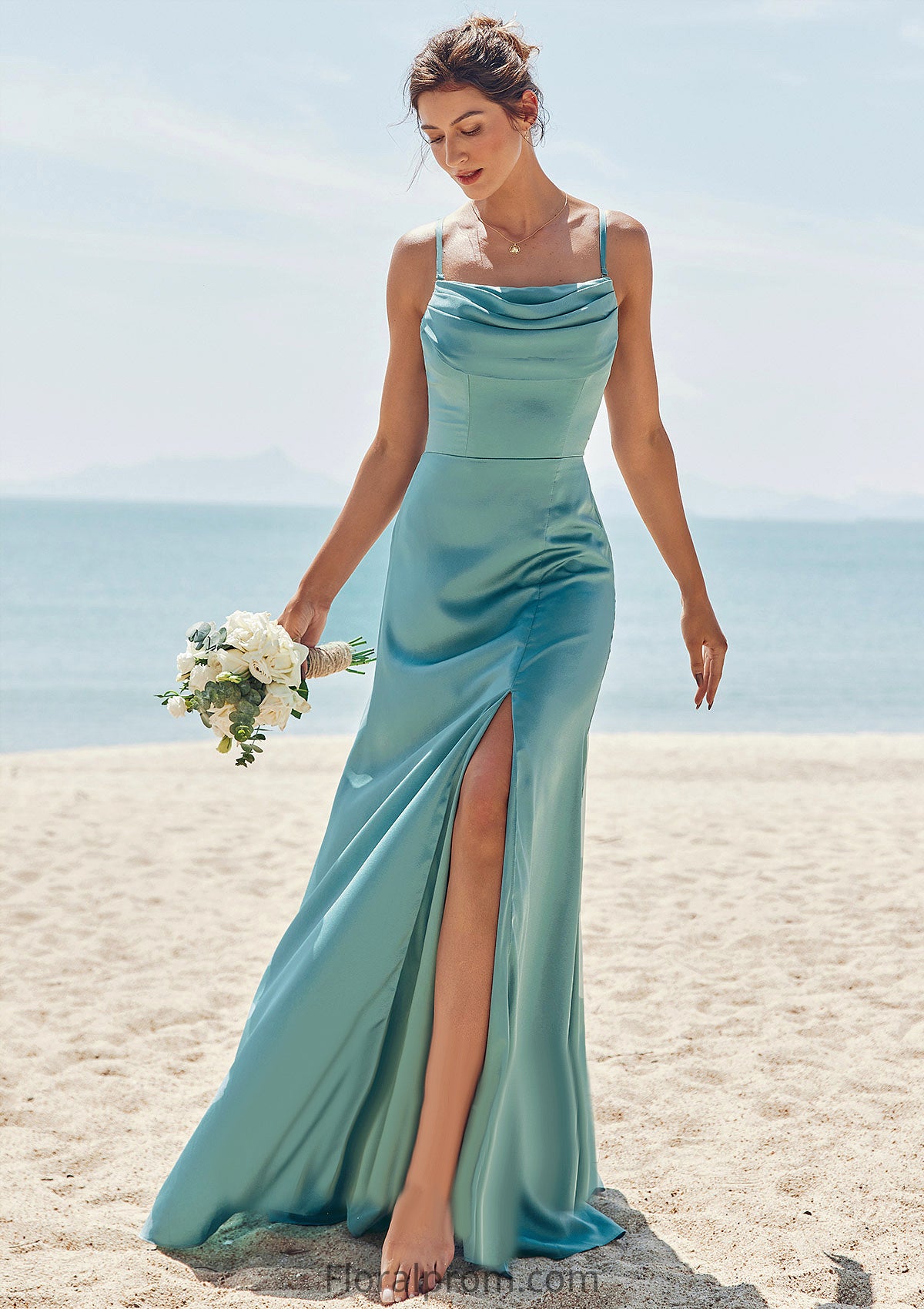 Sheath/Column Square Neckline Sleeveless Floor-Length Stretch Satin Bridesmaid Dresses with Pleated Split Angelina HJP0025282