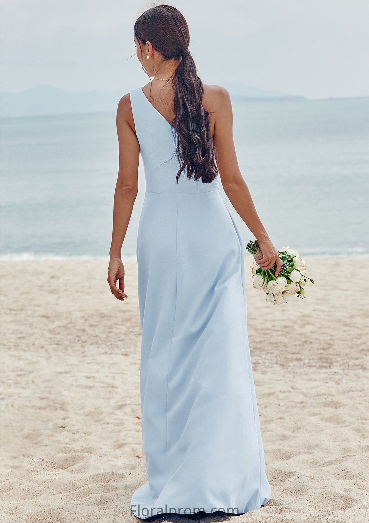 A-line One-Shoulder Sleeveless Floor-Length Stretch Crepe Bridesmaid Dresses with Pleated Split Gabriella HJP0025284