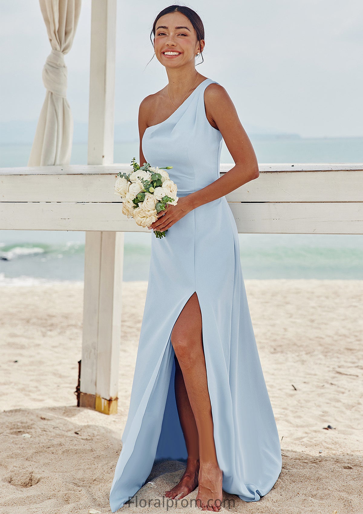 A-line One-Shoulder Sleeveless Floor-Length Stretch Crepe Bridesmaid Dresses with Pleated Split Gabriella HJP0025284