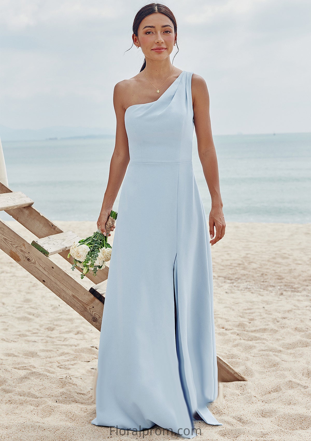 A-line One-Shoulder Sleeveless Floor-Length Stretch Crepe Bridesmaid Dresses with Pleated Split Gabriella HJP0025284