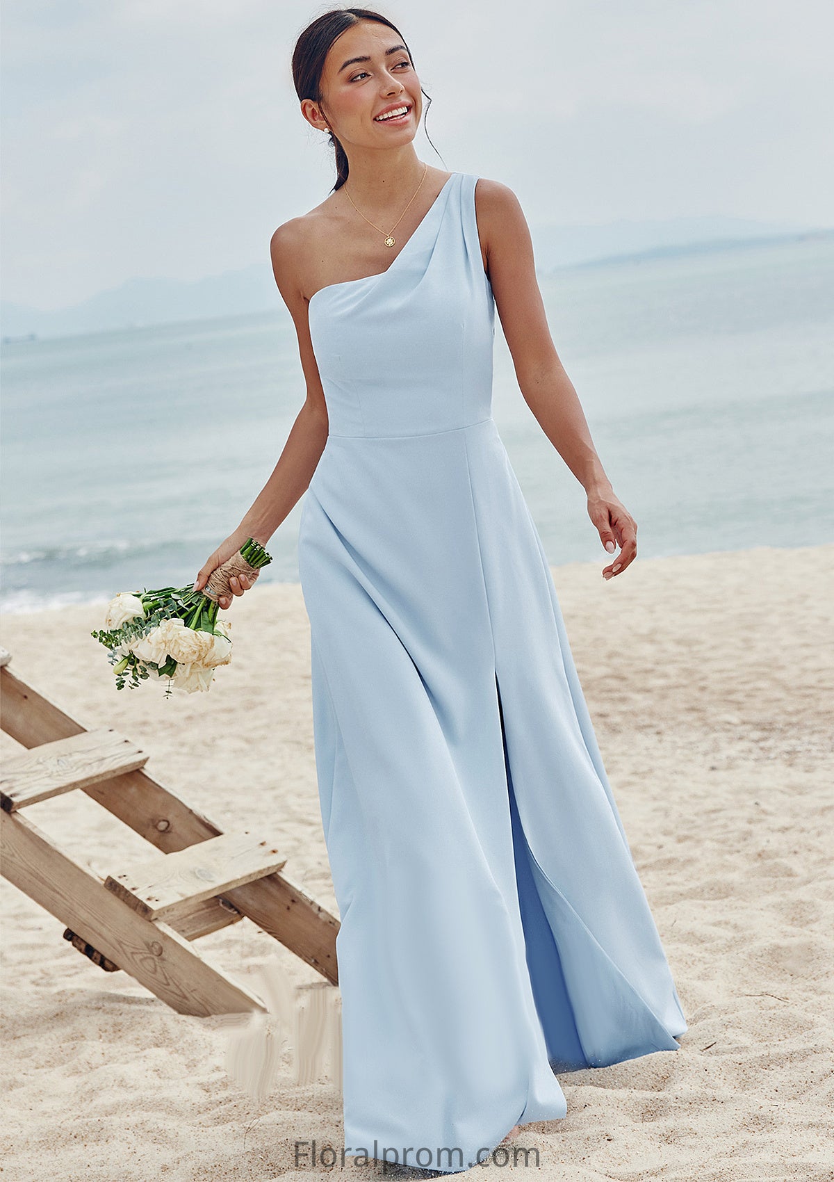 A-line One-Shoulder Sleeveless Floor-Length Stretch Crepe Bridesmaid Dresses with Pleated Split Gabriella HJP0025284