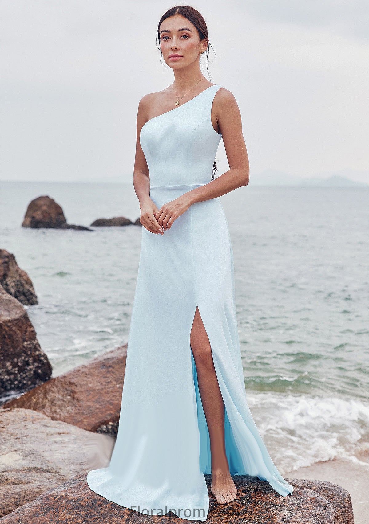 A-line One-Shoulder Sleeveless Floor-Length Stretch Satin Bridesmaid Dresses with Split Eileen HJP0025285