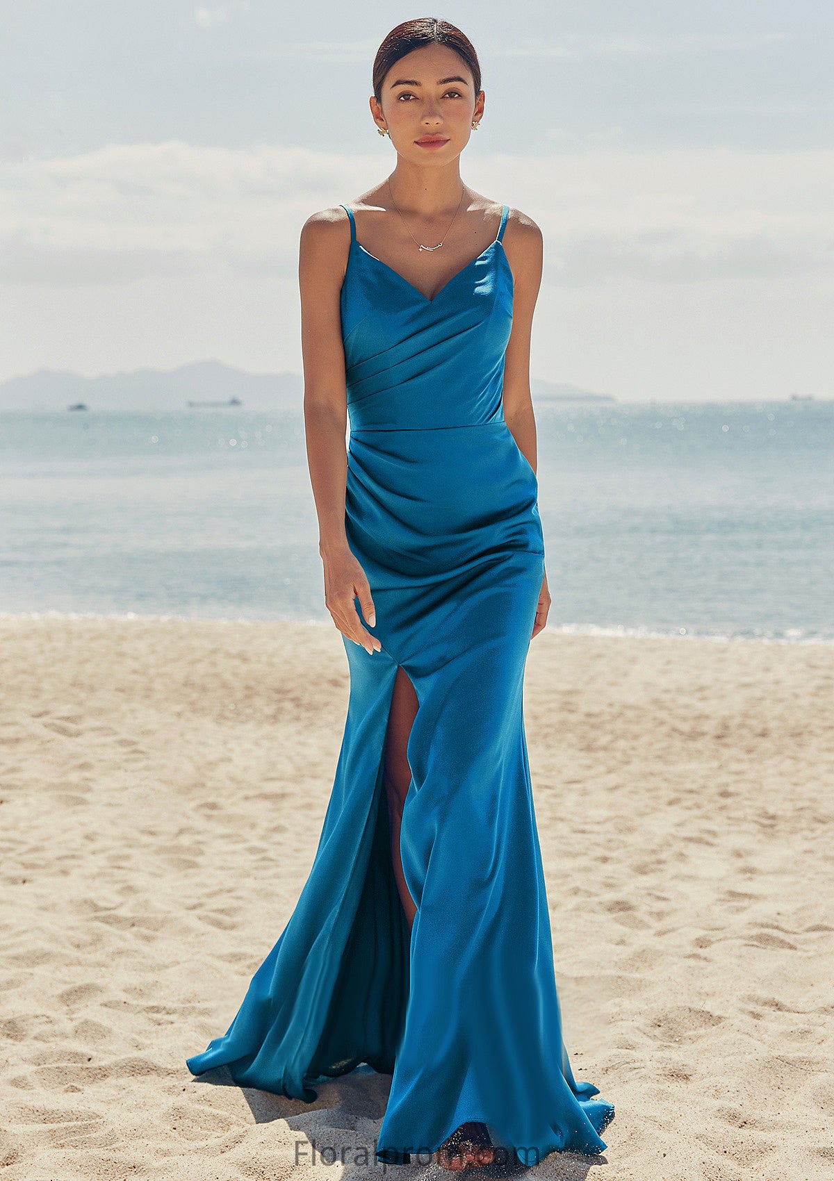 Trumpet/Mermaid V Neck Sleeveless Floor-Length Stretch Satin Bridesmaid Dresses with Pleated Split Harmony HJP0025286