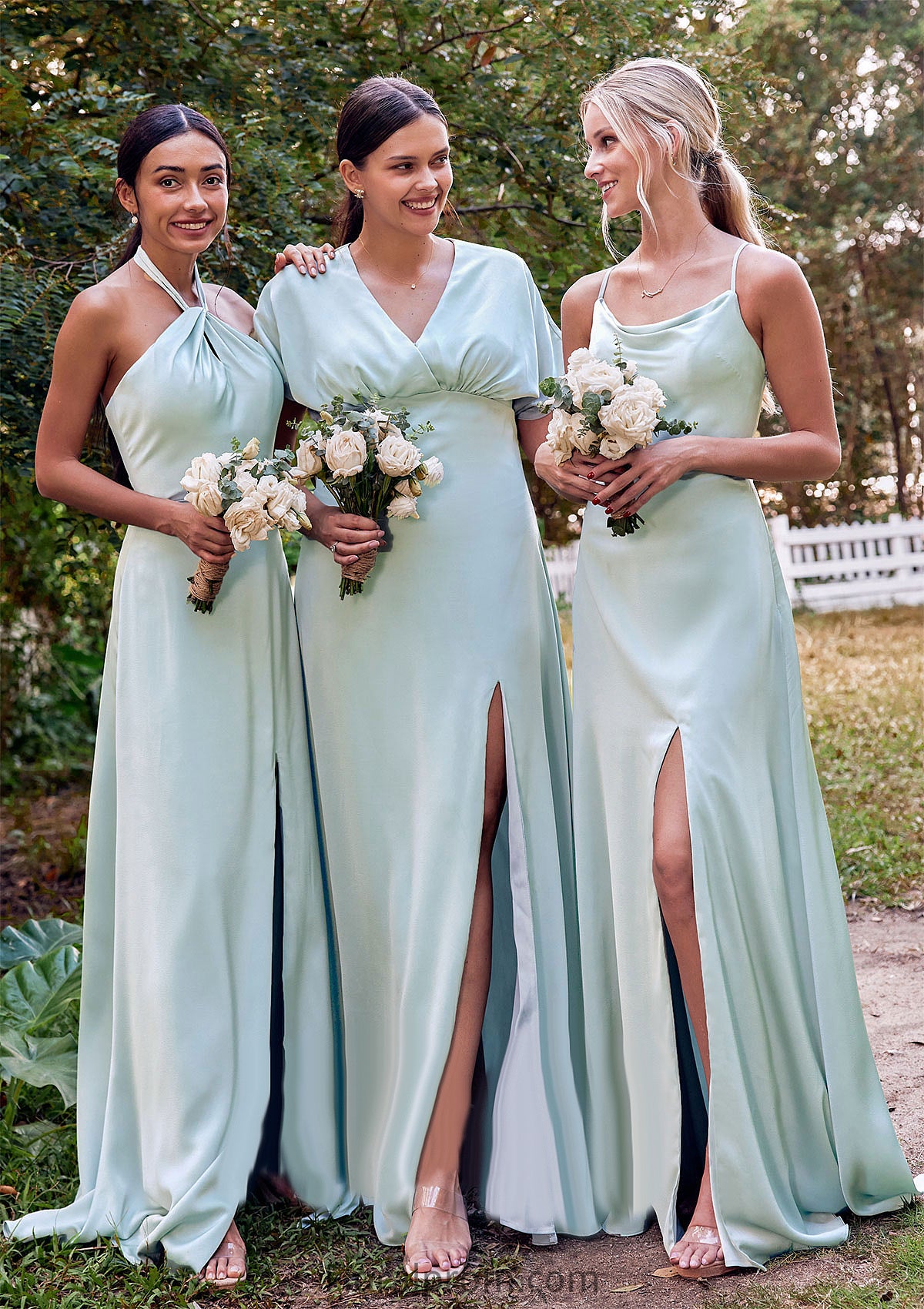 A-line Halter Sleeveless Floor-Length Stretch Satin Bridesmaid Dresses with Split Everly HJP0025287