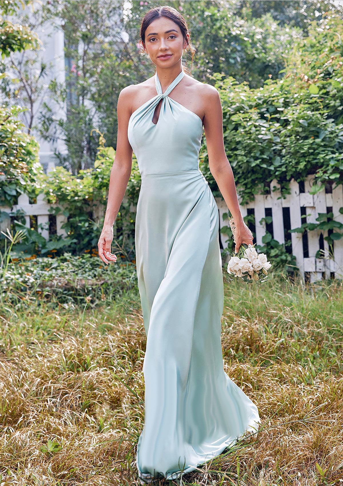 A-line Halter Sleeveless Floor-Length Stretch Satin Bridesmaid Dresses with Split Everly HJP0025287