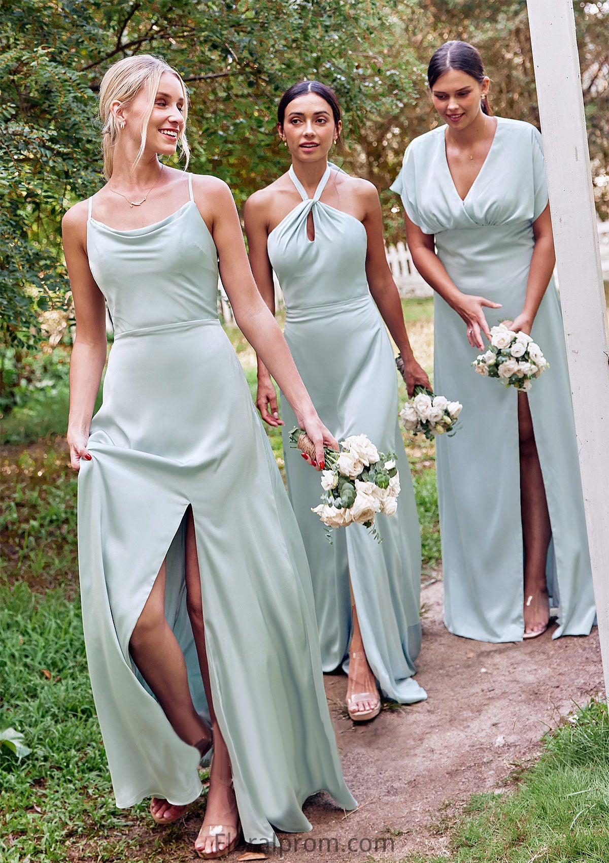 A-line Halter Sleeveless Floor-Length Stretch Satin Bridesmaid Dresses with Split Everly HJP0025287