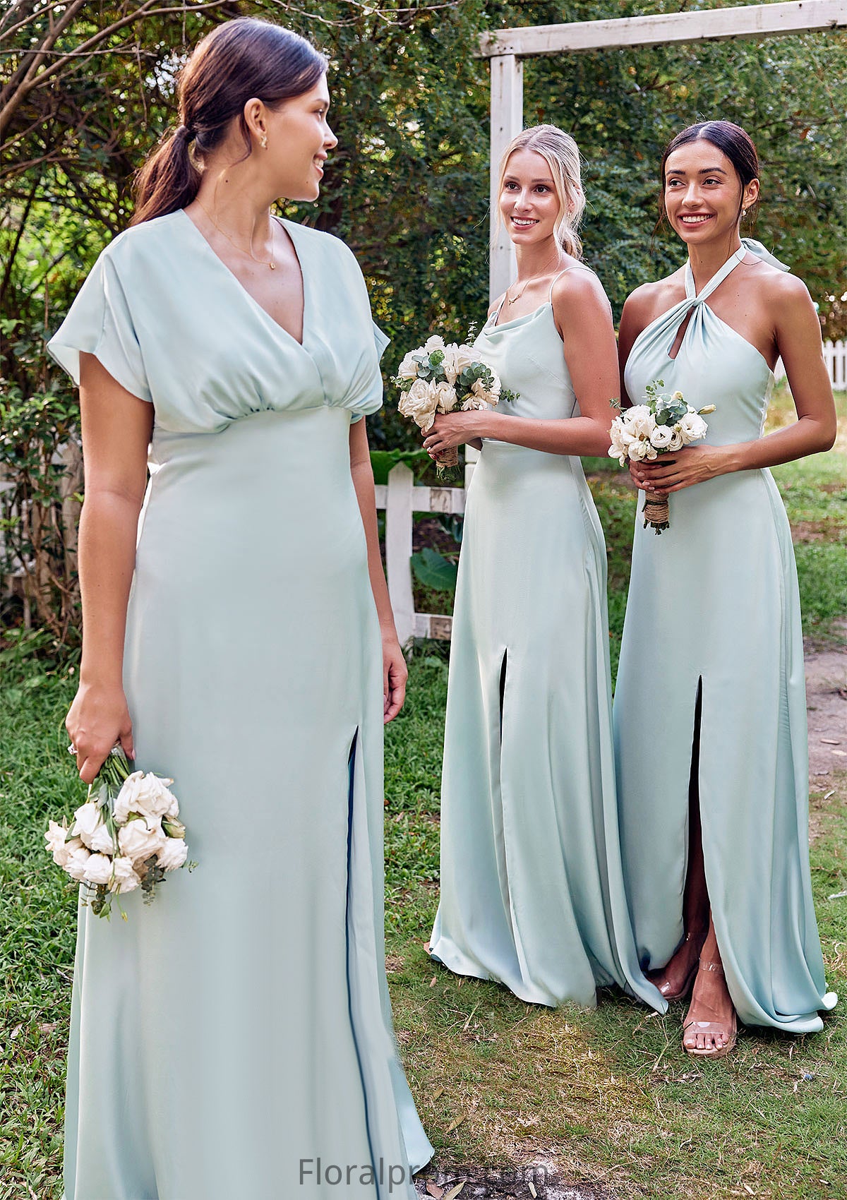 A-line Halter Sleeveless Floor-Length Stretch Satin Bridesmaid Dresses with Split Everly HJP0025287