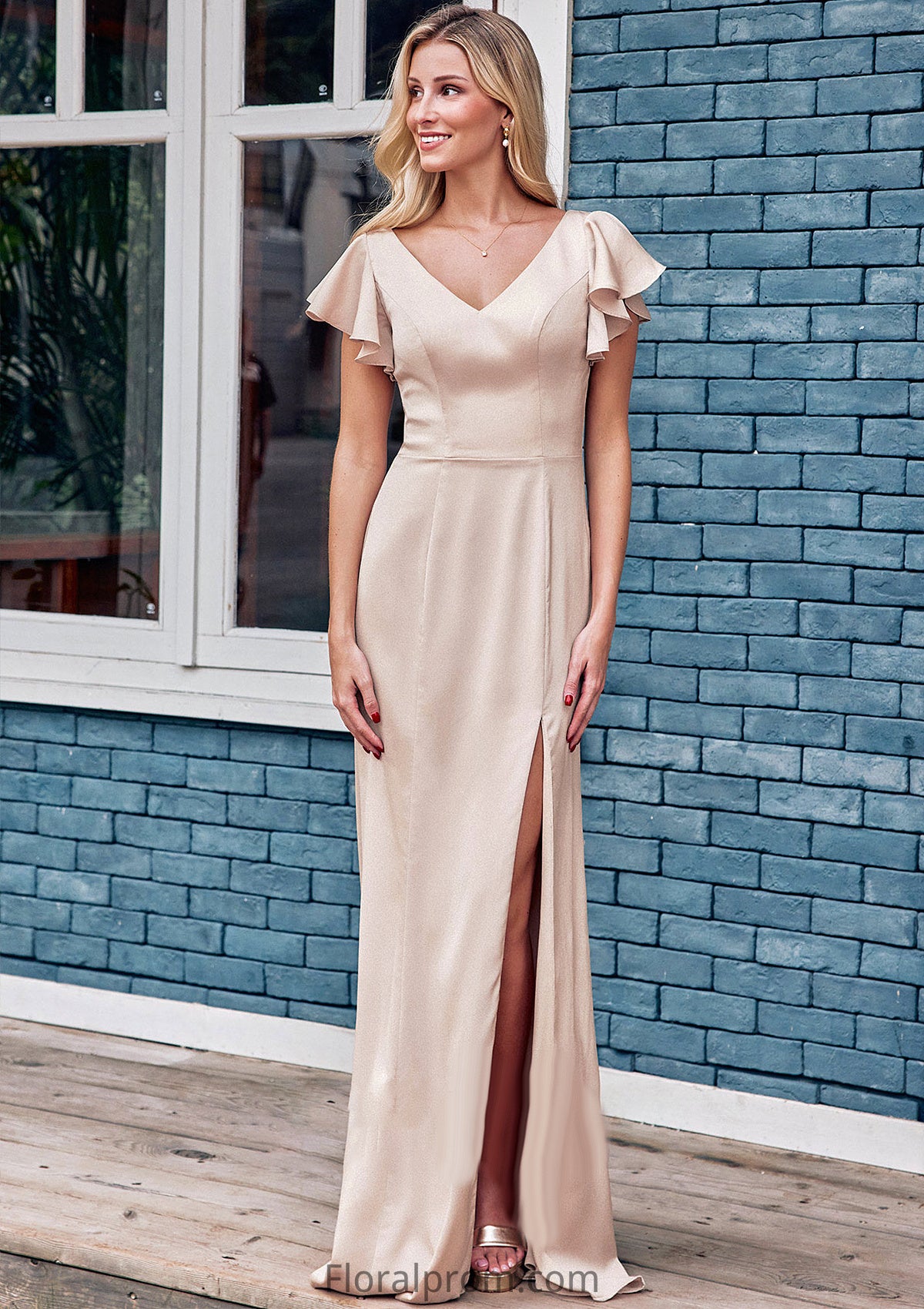 Sheath/Column V Neck Short Sleeve Floor-Length Stretch Satin Bridesmaid Dresses with Ruffles Split Isabel HJP0025290