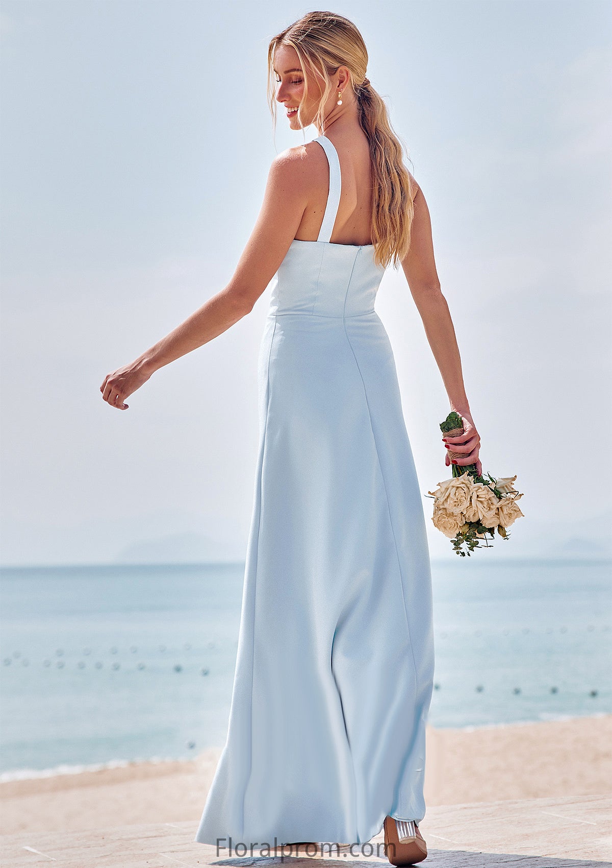 Sheath/Column Halter Sleeveless Floor-Length Stretch Crepe Bridesmaid Dresses with Split Blanche HJP0025291