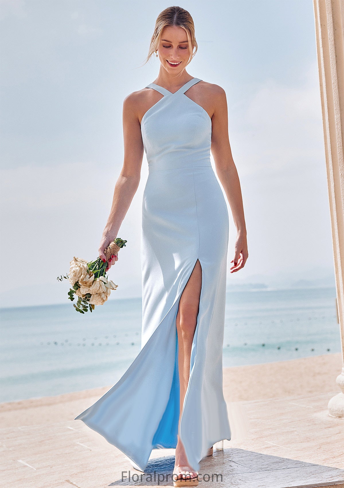 Sheath/Column Halter Sleeveless Floor-Length Stretch Crepe Bridesmaid Dresses with Split Blanche HJP0025291