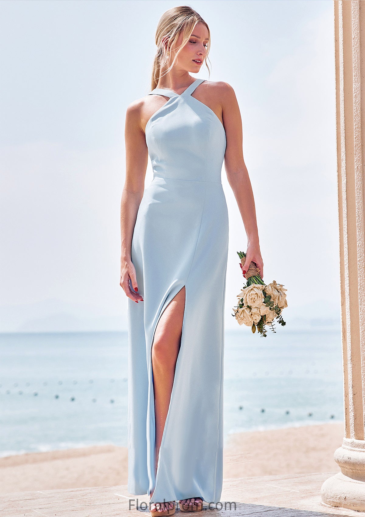 Sheath/Column Halter Sleeveless Floor-Length Stretch Crepe Bridesmaid Dresses with Split Blanche HJP0025291