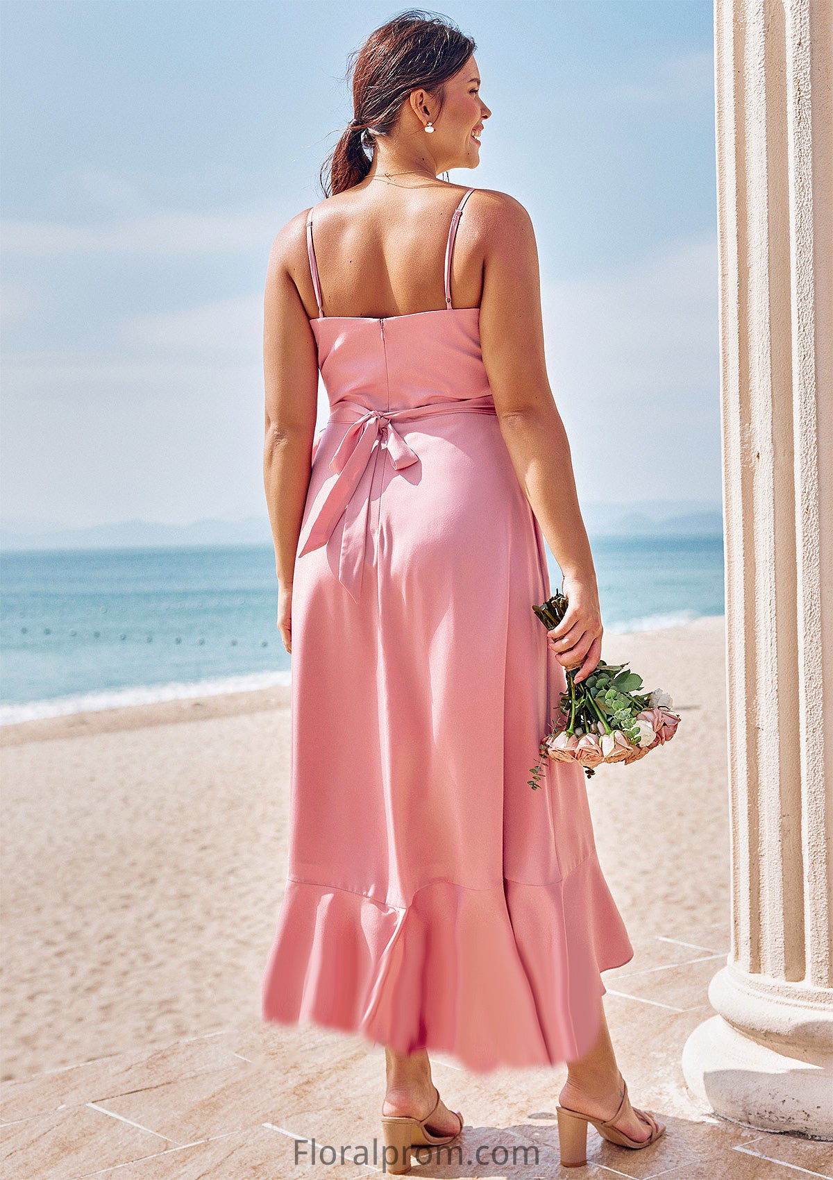 A-line V Neck Sleeveless Asymmetrical Stretch Satin Bridesmaid Dresses with Sashes Ruffles Kaylen HJP0025292