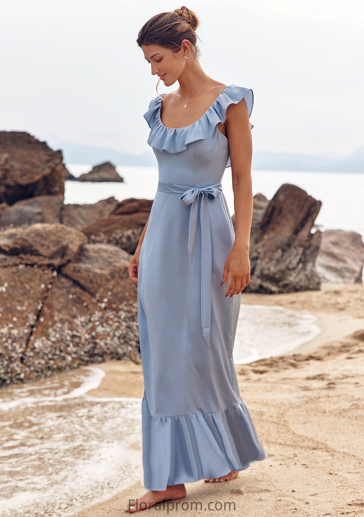 Sheath/Column Scoop Neck Sleeveless Floor-Length Stretch Satin Bridesmaid Dresses with Sashes Ruffles Melany HJP0025293