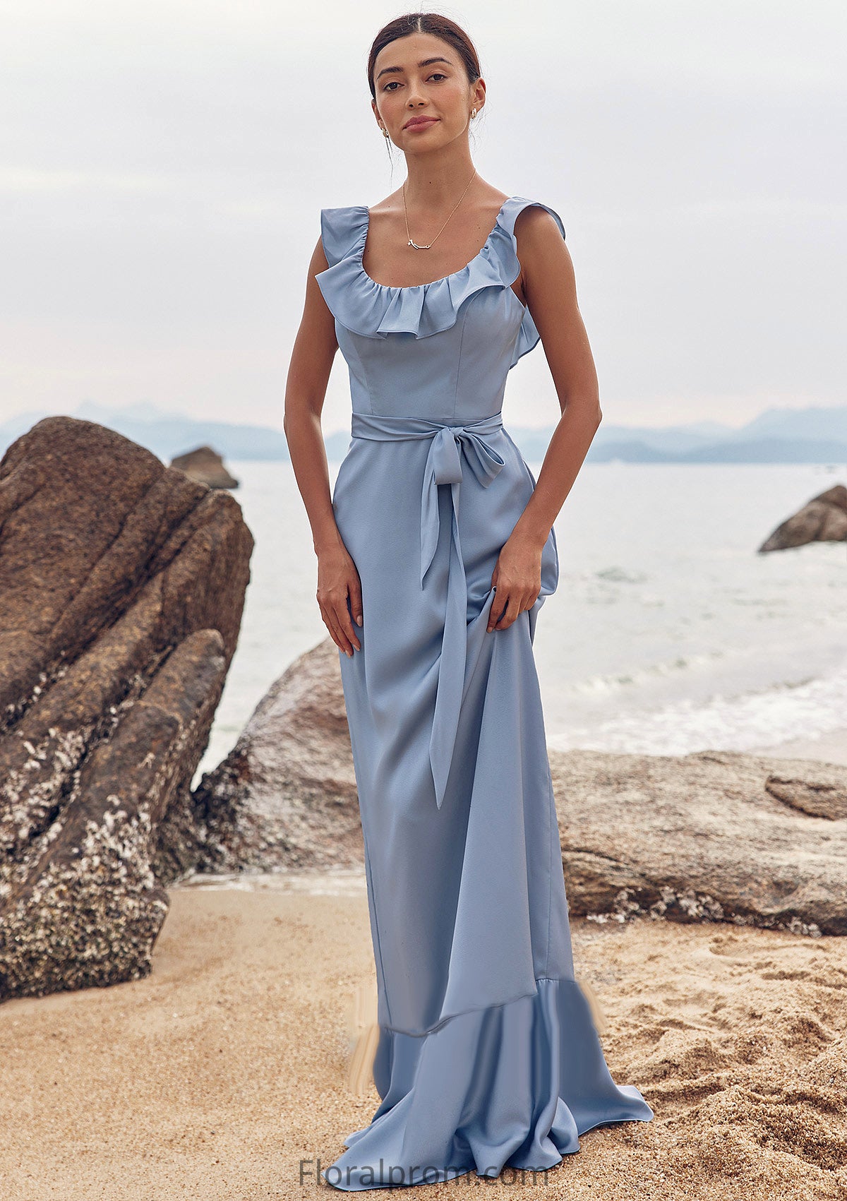 Sheath/Column Scoop Neck Sleeveless Floor-Length Stretch Satin Bridesmaid Dresses with Sashes Ruffles Melany HJP0025293