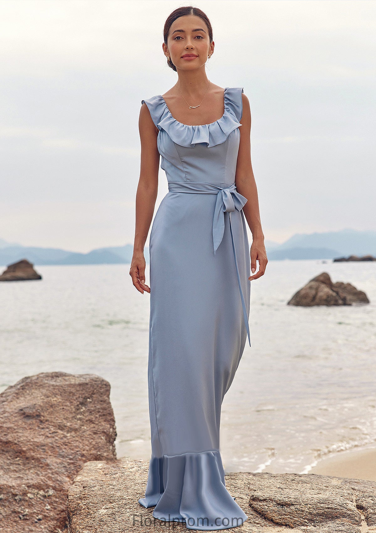 Sheath/Column Scoop Neck Sleeveless Floor-Length Stretch Satin Bridesmaid Dresses with Sashes Ruffles Melany HJP0025293