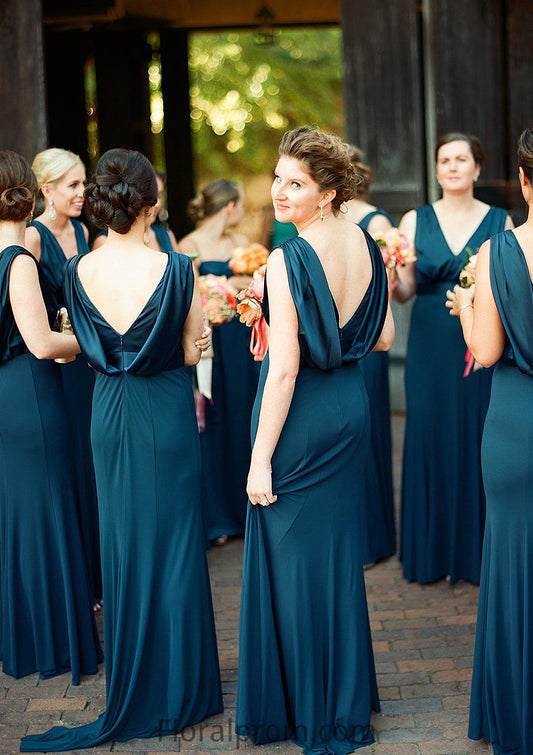 A-line V Neck Sleeveless Sweep Train Jersey Bridesmaid Dresses with Pleated Angela HJP0025302