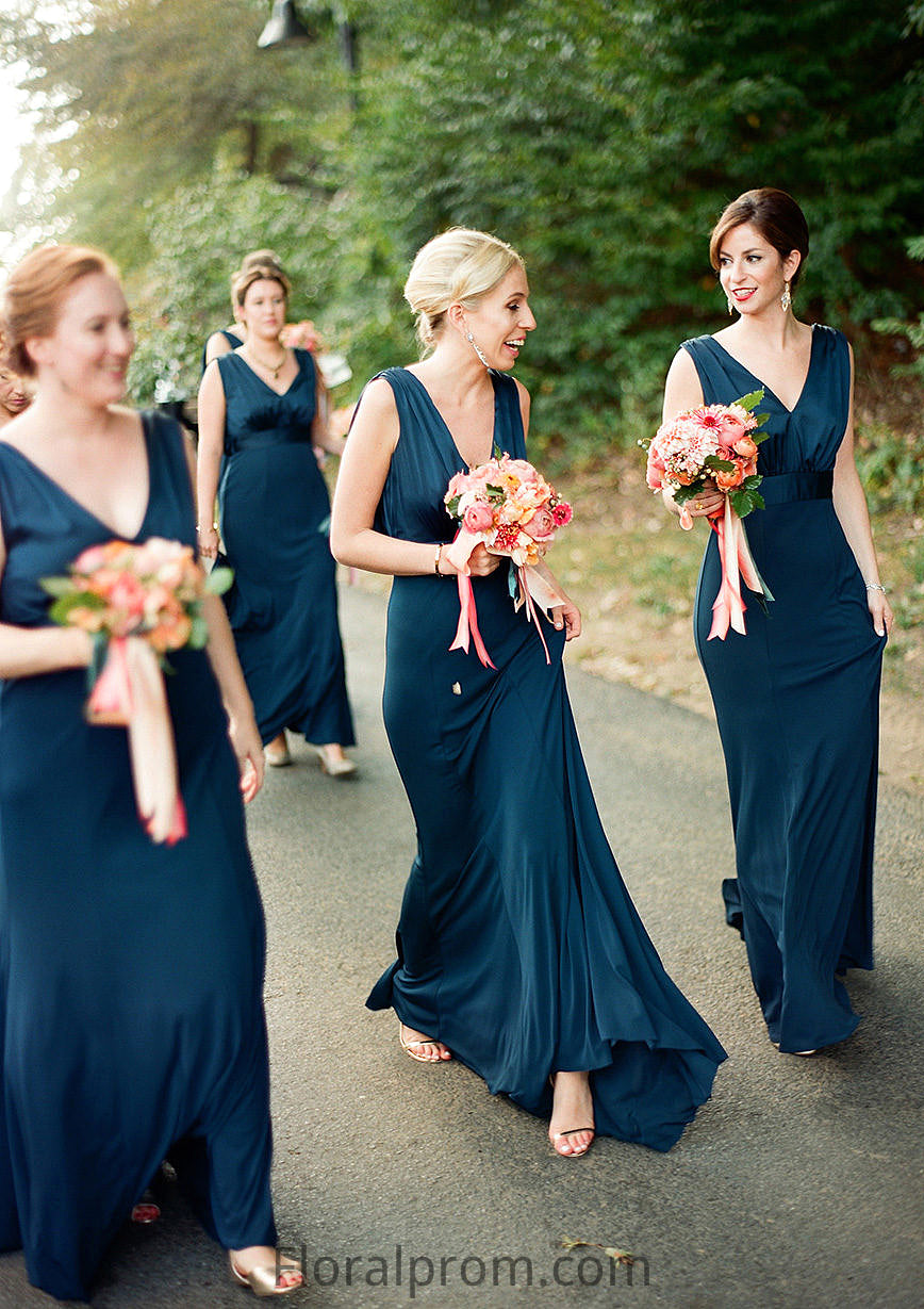 A-line V Neck Sleeveless Sweep Train Jersey Bridesmaid Dresses with Pleated Angela HJP0025302