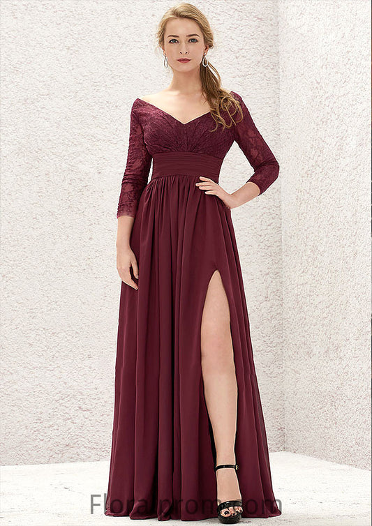 A-line V Neck Full/Long Sleeve Long/Floor-Length Chiffon Bridesmaid Dresses With Lace Split Pleated Jayda HJP0025304